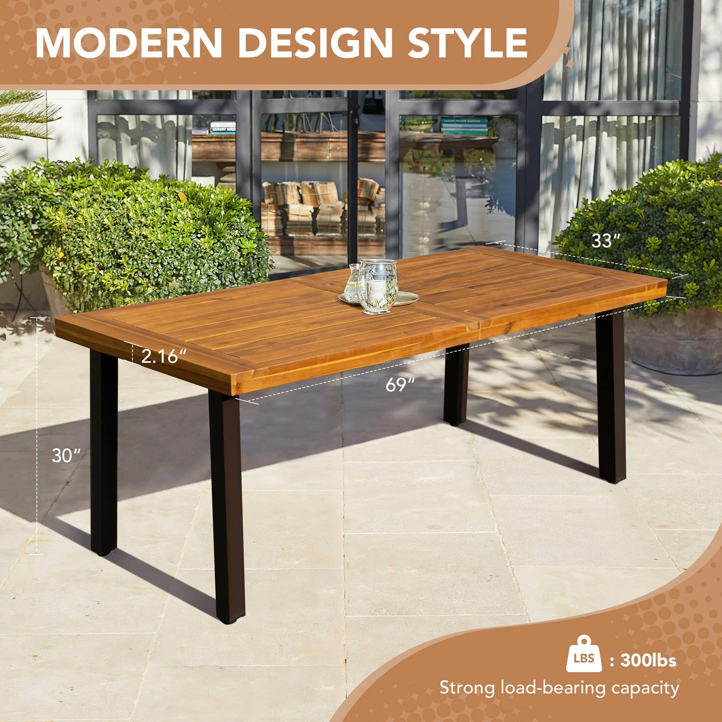 Devoko 6-Person Acacia Wood Dining Table – Rustic Indoor/Outdoor Table with Iron Legs, Natural Finish