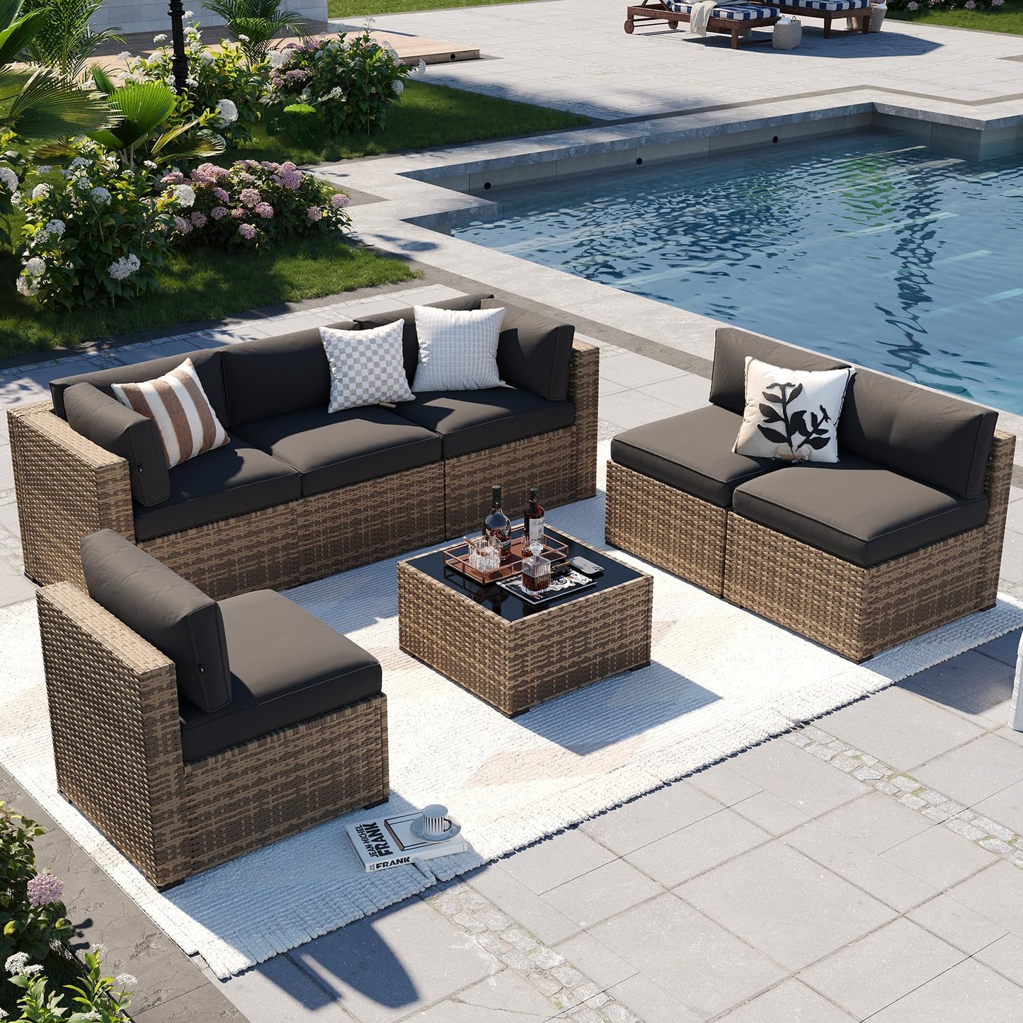 Aoxun 7-Piece Outdoor Patio Furniture Set – Wicker Sectional Sofa with Cushions for Backyard & Poolside