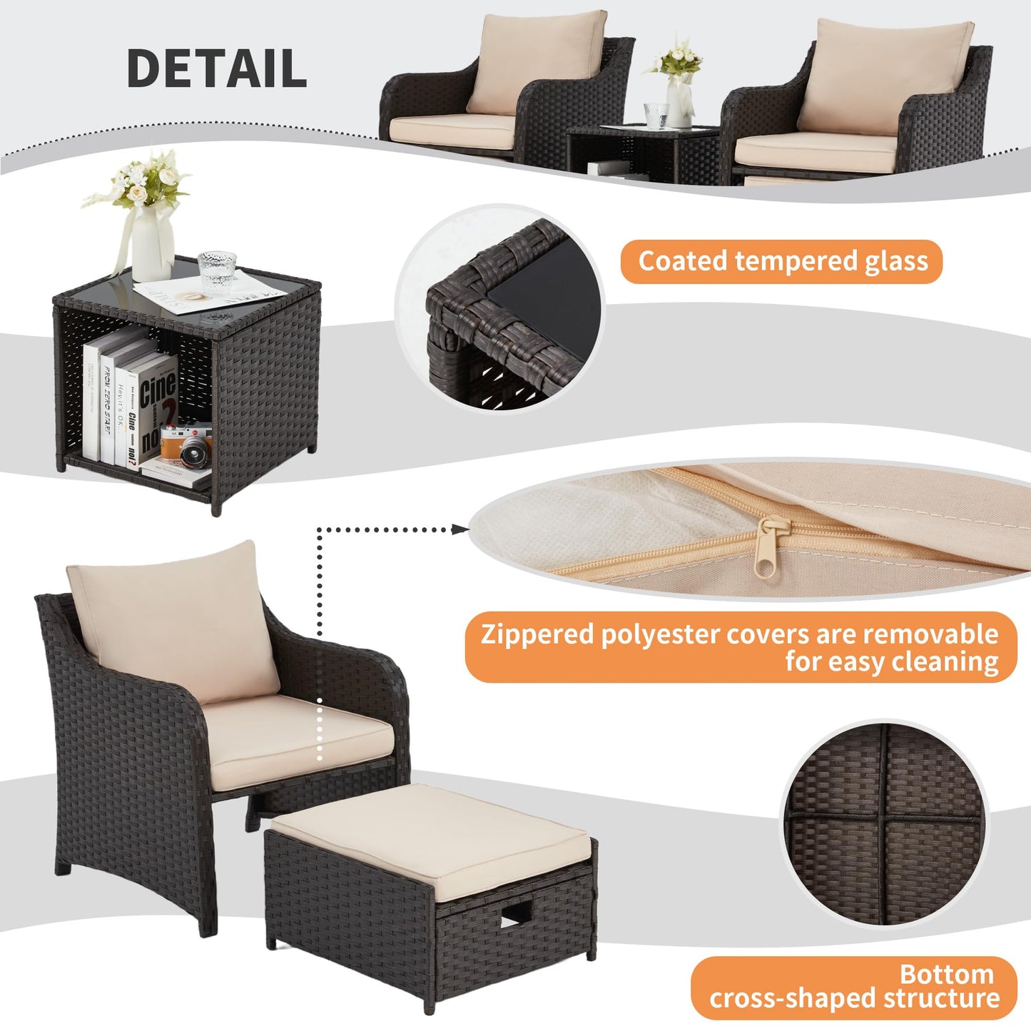 5-Piece Balcony Lounge Set with Cushions, Ottoman & Table – Khaki