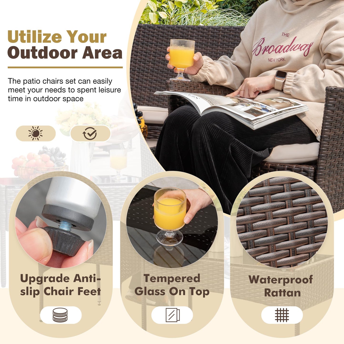 Homall 4-Piece Outdoor Patio Furniture Set – Rattan Chairs with Coffee Table, Brown/Beige