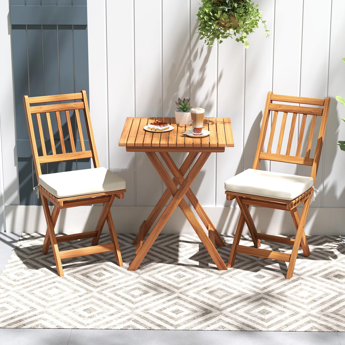 3-Piece Outdoor Folding Bistro Set with Cushioned Chairs – Off White