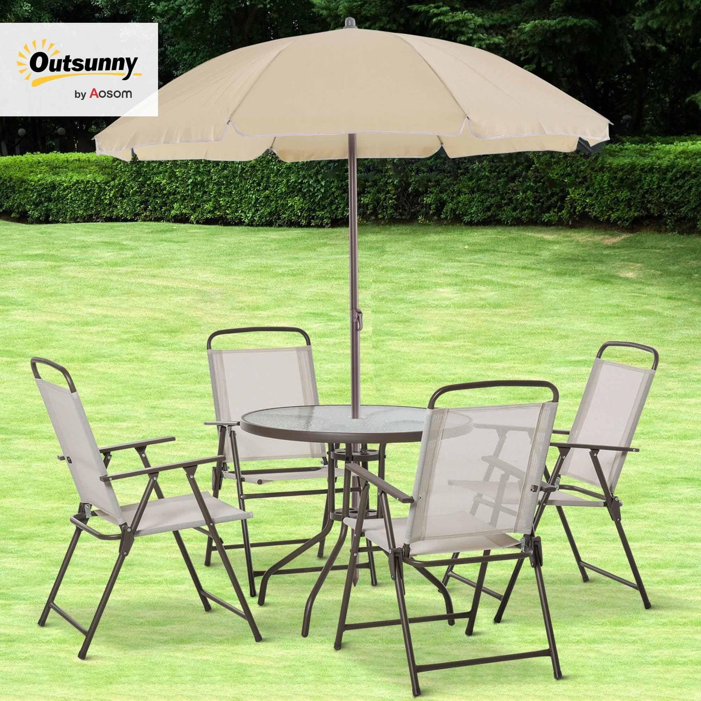 Outsunny 6-Piece Outdoor Dining Set with Umbrella & Glass Table – Beige