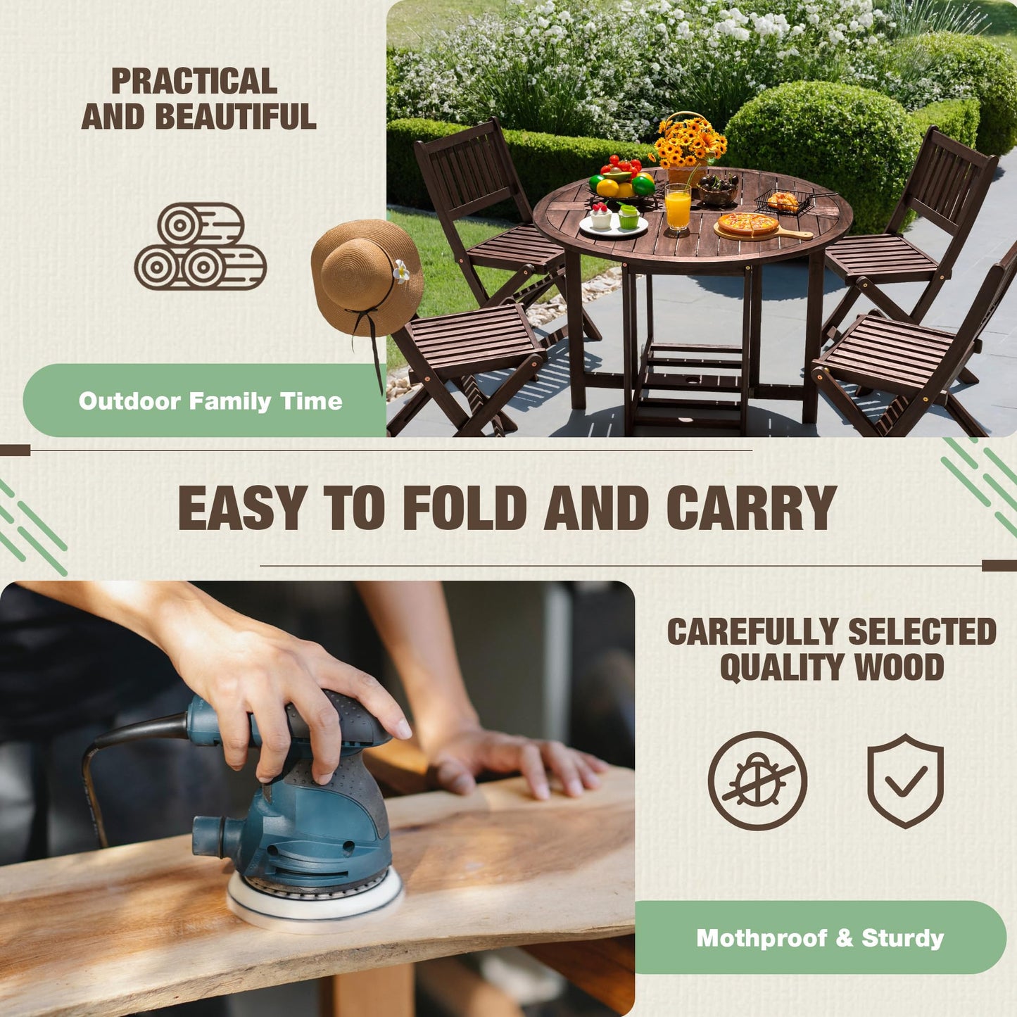 5-Piece Outdoor Dining Set with Folding Chairs & Round Wood Table – Brown