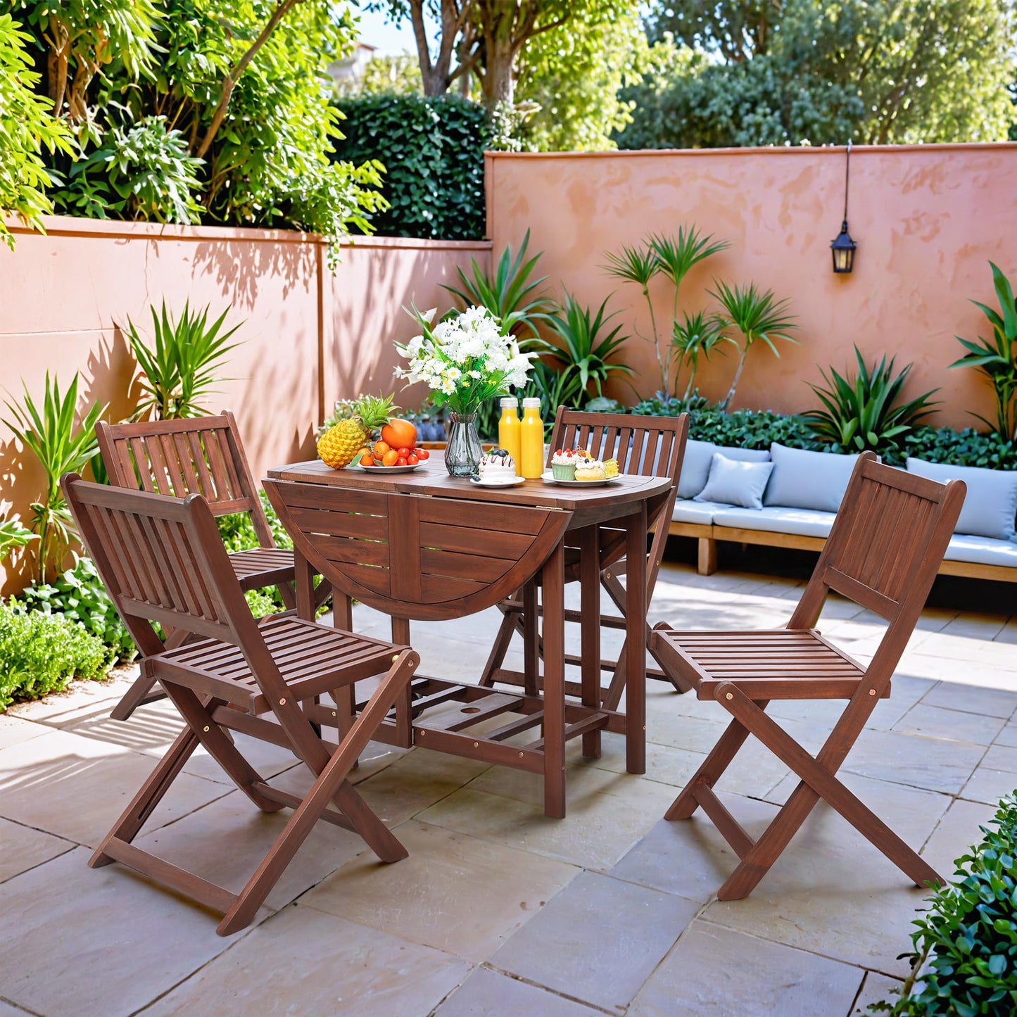5-Piece Patio Folding Set with Round Table & Chairs – Dark Brown