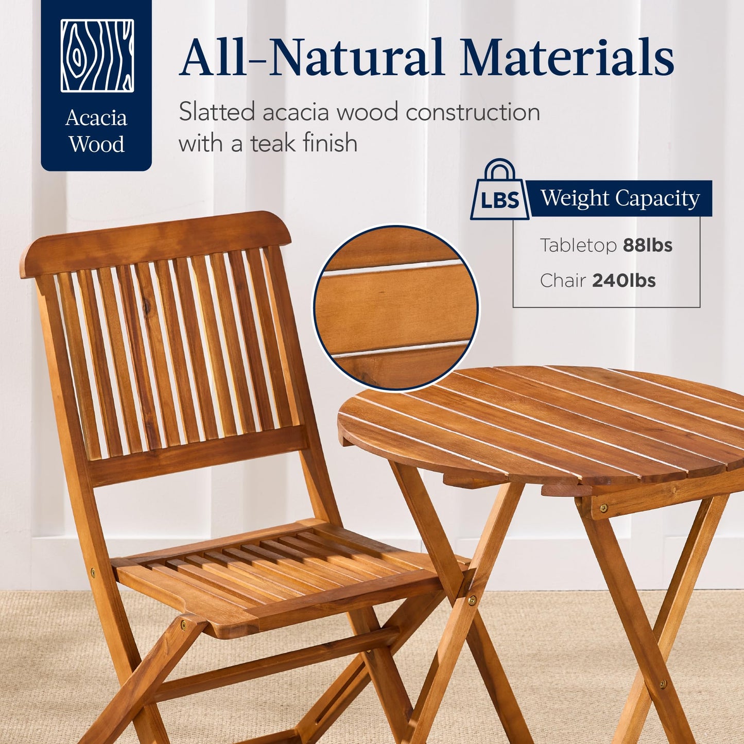 3-Piece Acacia Wood Patio Bistro Set with Foldable Chairs & Table – Natural