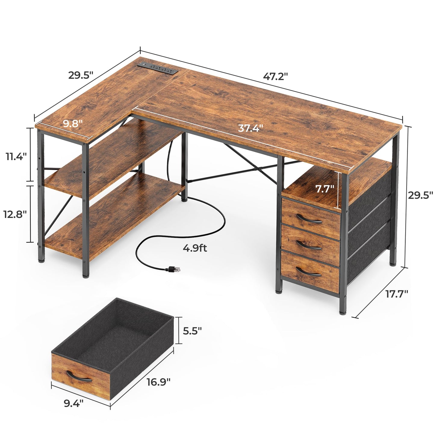 Huuger L-Shaped Office Desk with Power Outlets, Drawers & Shelves – 47” Rustic Brown