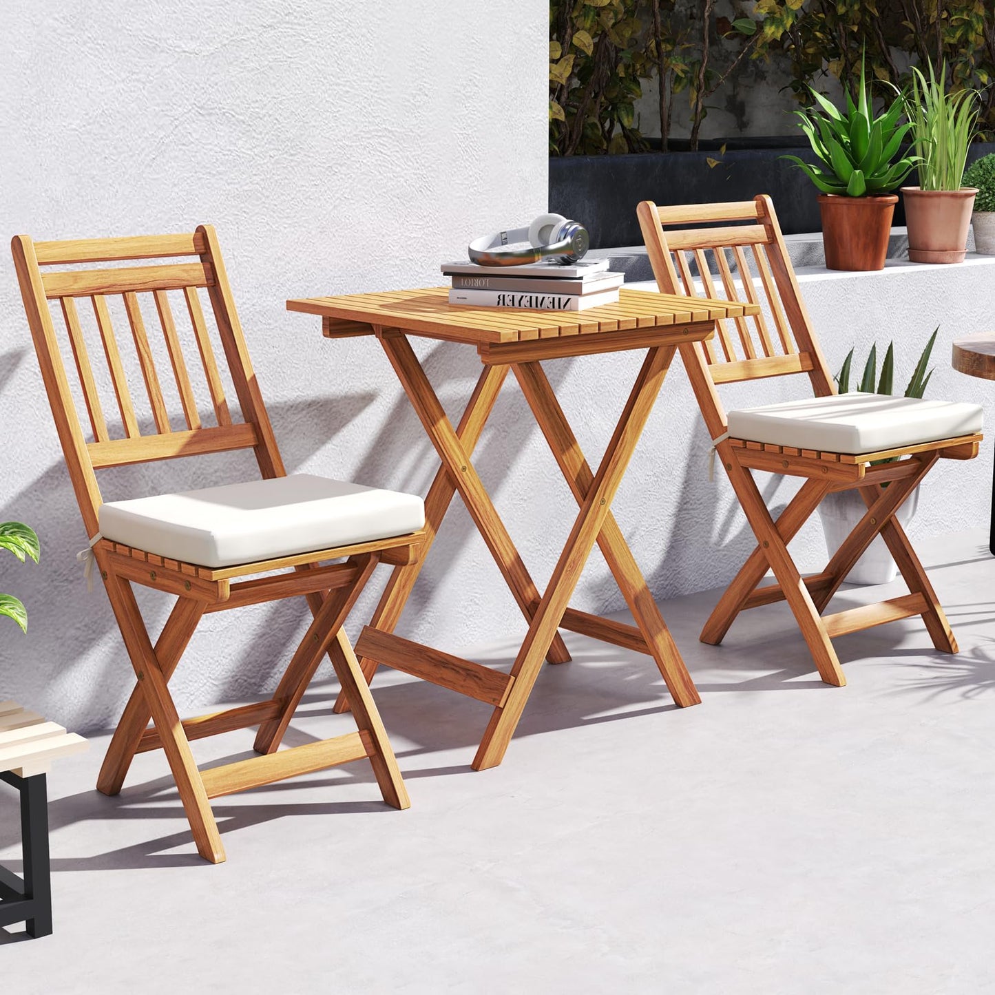 3-Piece Outdoor Folding Bistro Set with Cushioned Chairs – Off White