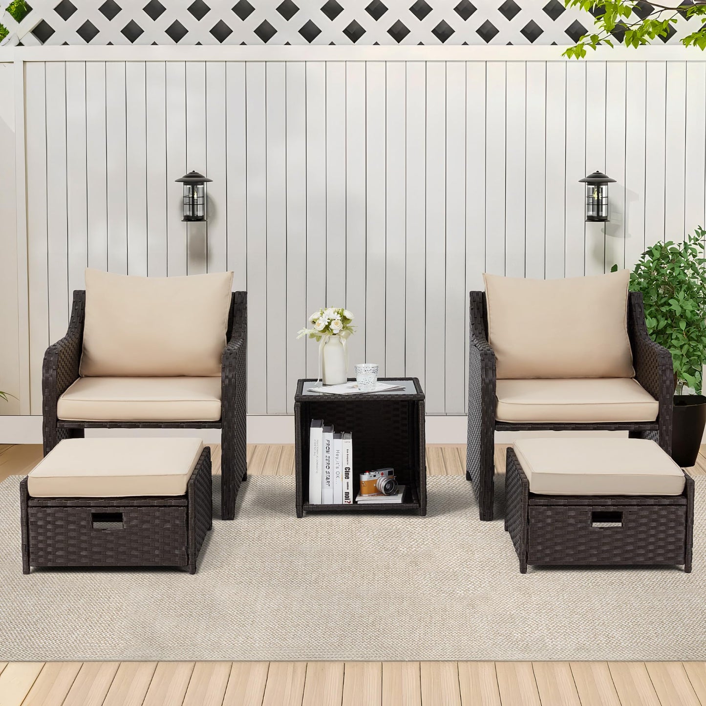 5-Piece Balcony Lounge Set with Cushions, Ottoman & Table – Khaki