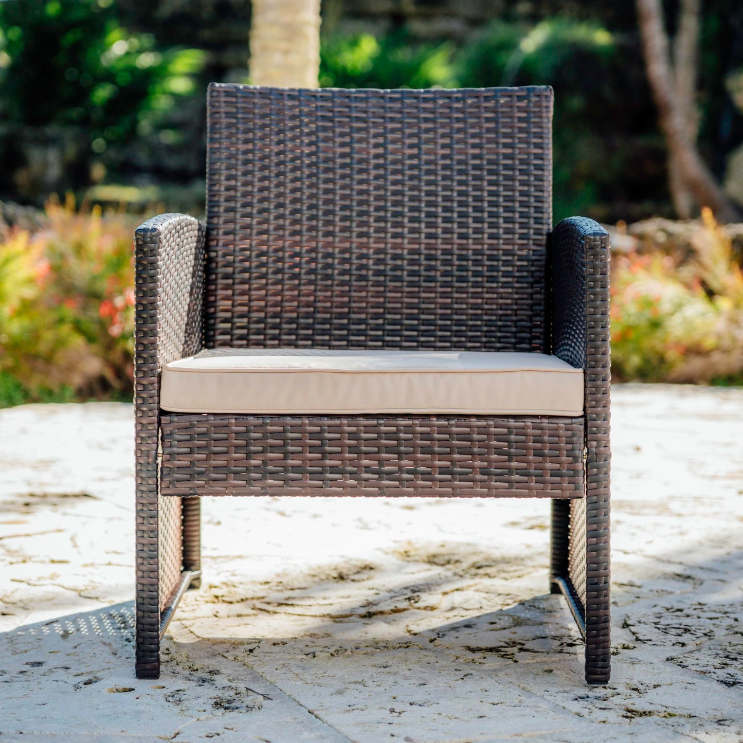 Nestl 3-Piece Outdoor Bistro Patio Furniture Set – Wicker Table & 2 Chairs, Brown/Beige
