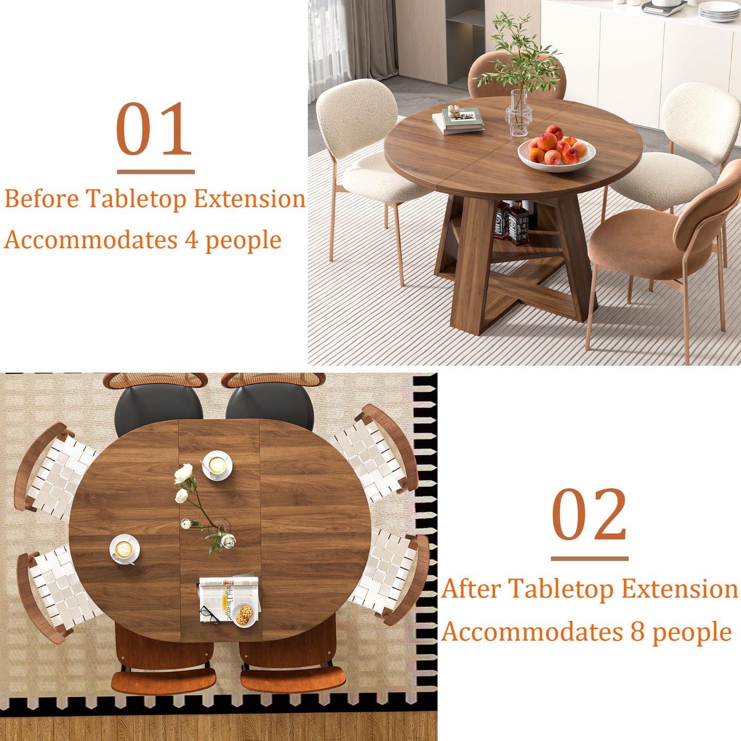 Extendable Round Dining Table 43–59" for 4–8, Walnut with Storage Shelf