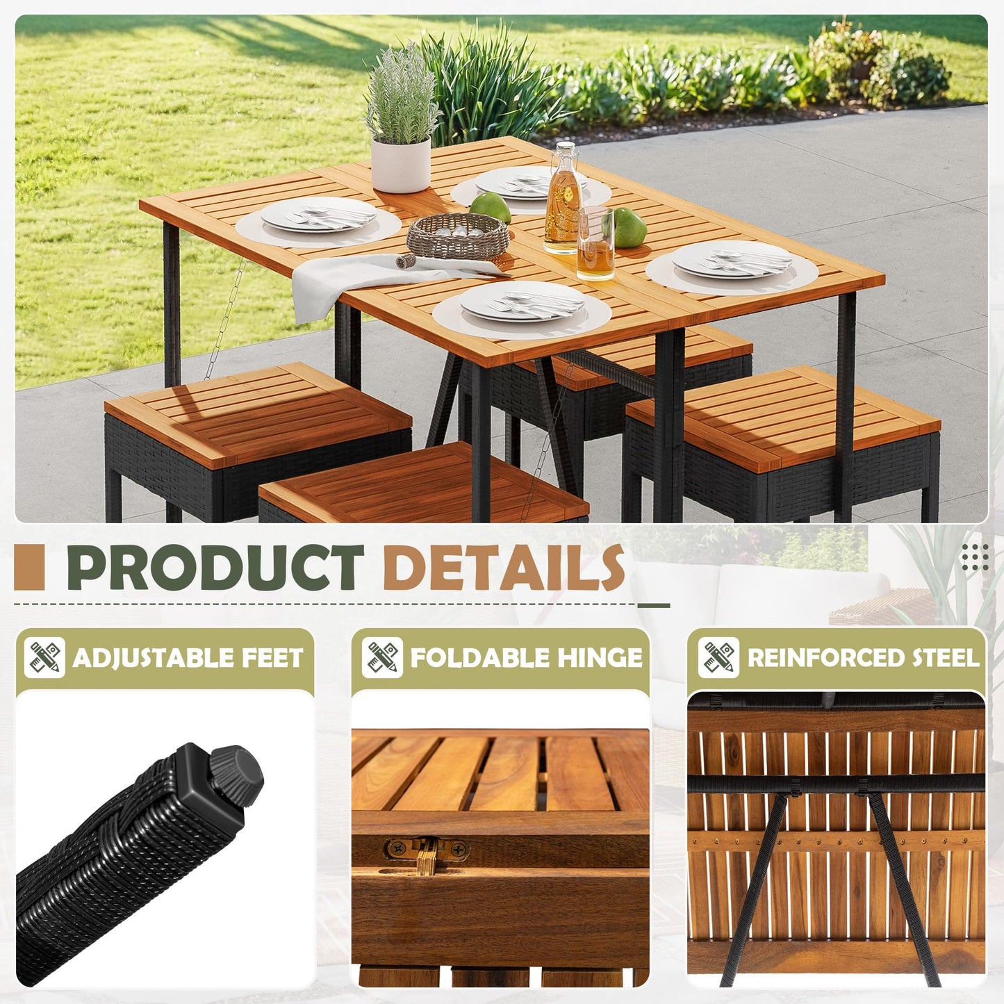 5-Piece Outdoor Bar Set with High Top Table & Foldable Stools – Acacia Wood
