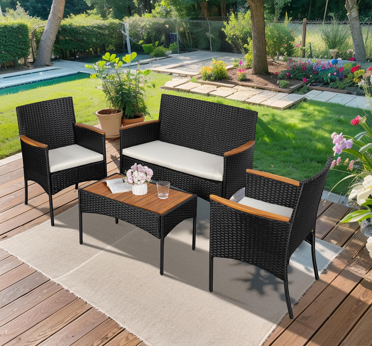 Shintenchi 4-Piece Outdoor Patio Furniture Set – Wicker Chairs with Cushions & Wooden Table, White