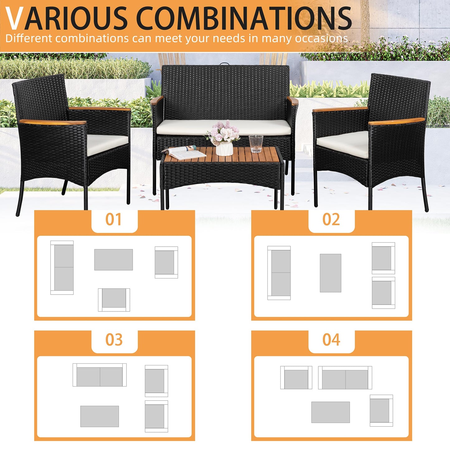 Shintenchi 4-Piece Outdoor Patio Furniture Set – Wicker Chairs with Cushions & Wooden Table, White