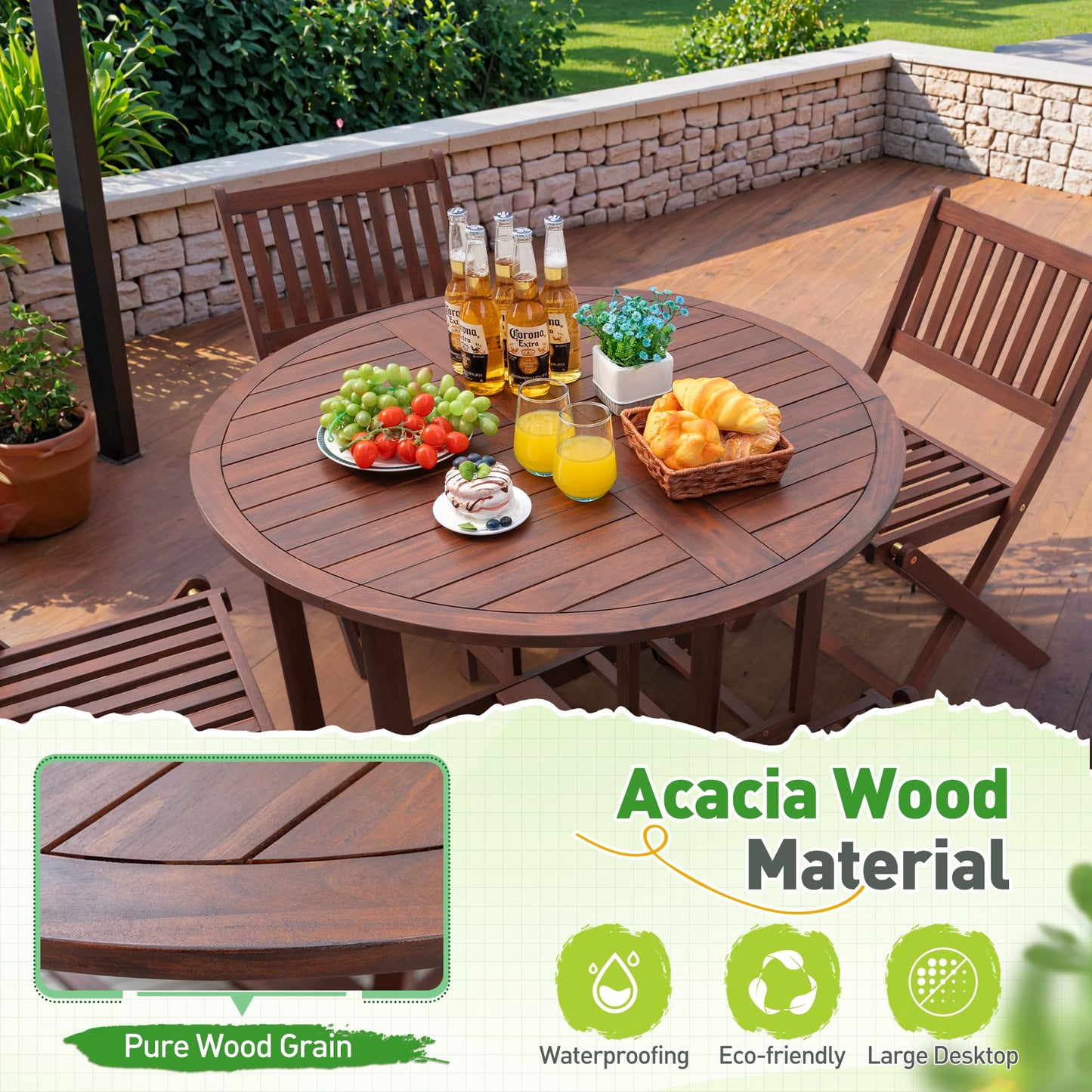 5-Piece Patio Folding Set with Round Table & Chairs – Dark Brown