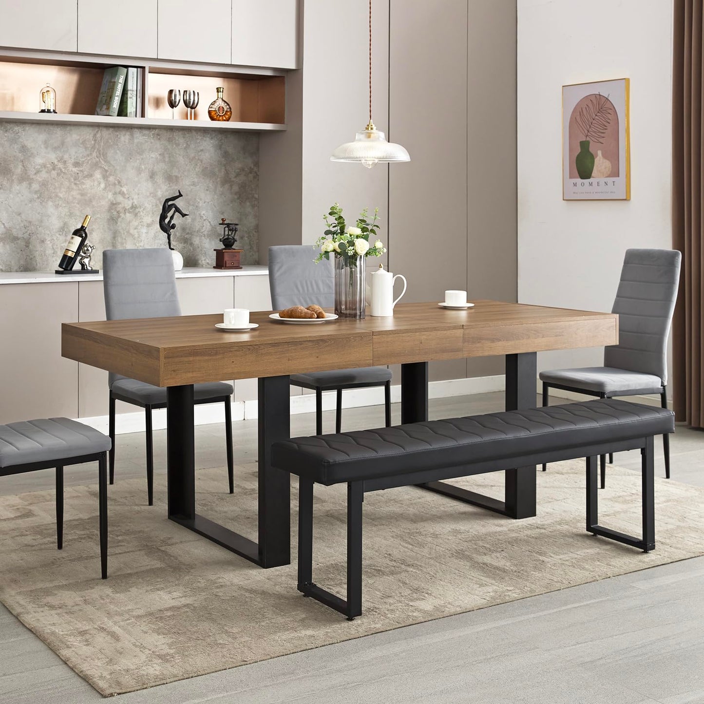 STHOUYN 63”-79” Extendable Dining Table – Modern Farmhouse Wooden Table for 6-10, Walnut Brown