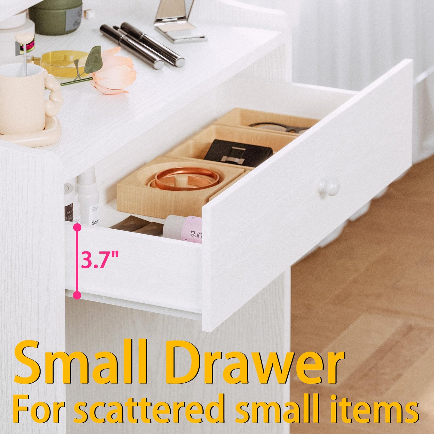 LIKIMIO Small Makeup Vanity Desk with Mirror & Lights – Storage Drawer, Chair & Shelves, White