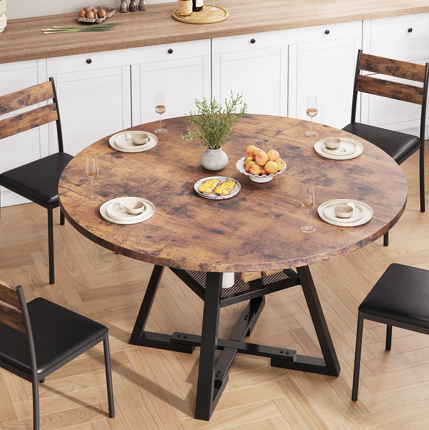 Jocoevol 47" Round Dining Table for 4 – Space-Saving Pedestal Wood Table for Kitchen & Dining Room, Vintage Finish
