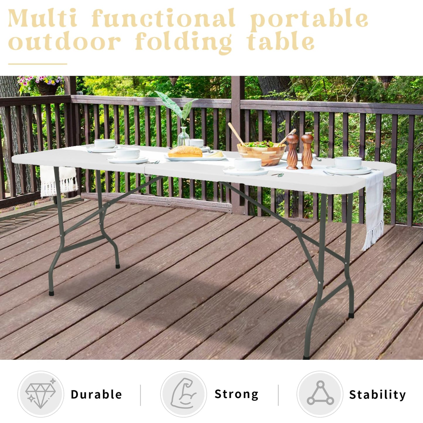 Set of 2 6ft Folding Tables – Portable Plastic Outdoor Dining Tables with Steel Legs and Carrying Handles, White