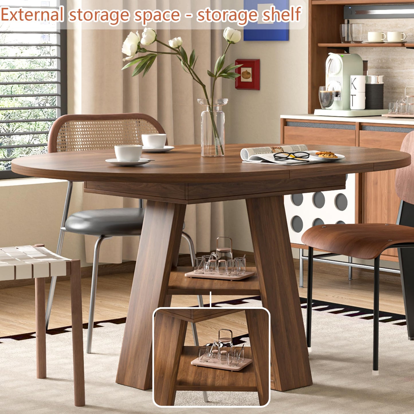 Extendable Round Dining Table 43–59" for 4–8, Walnut with Storage Shelf