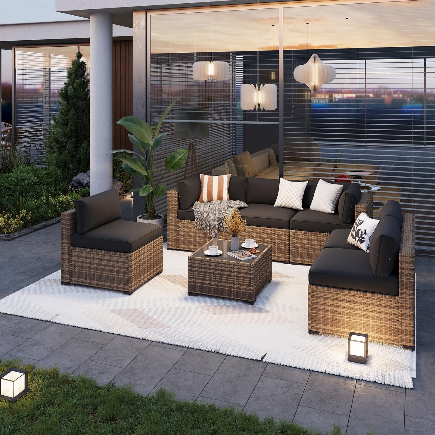 Aoxun 7-Piece Outdoor Patio Furniture Set – Wicker Sectional Sofa with Cushions for Backyard & Poolside