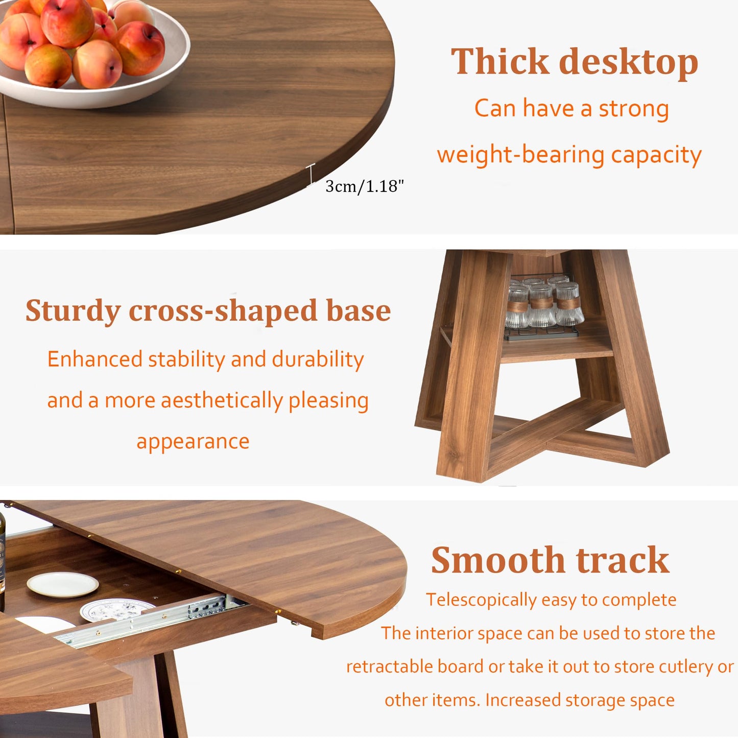 Extendable Round Dining Table 43–59" for 4–8, Walnut with Storage Shelf