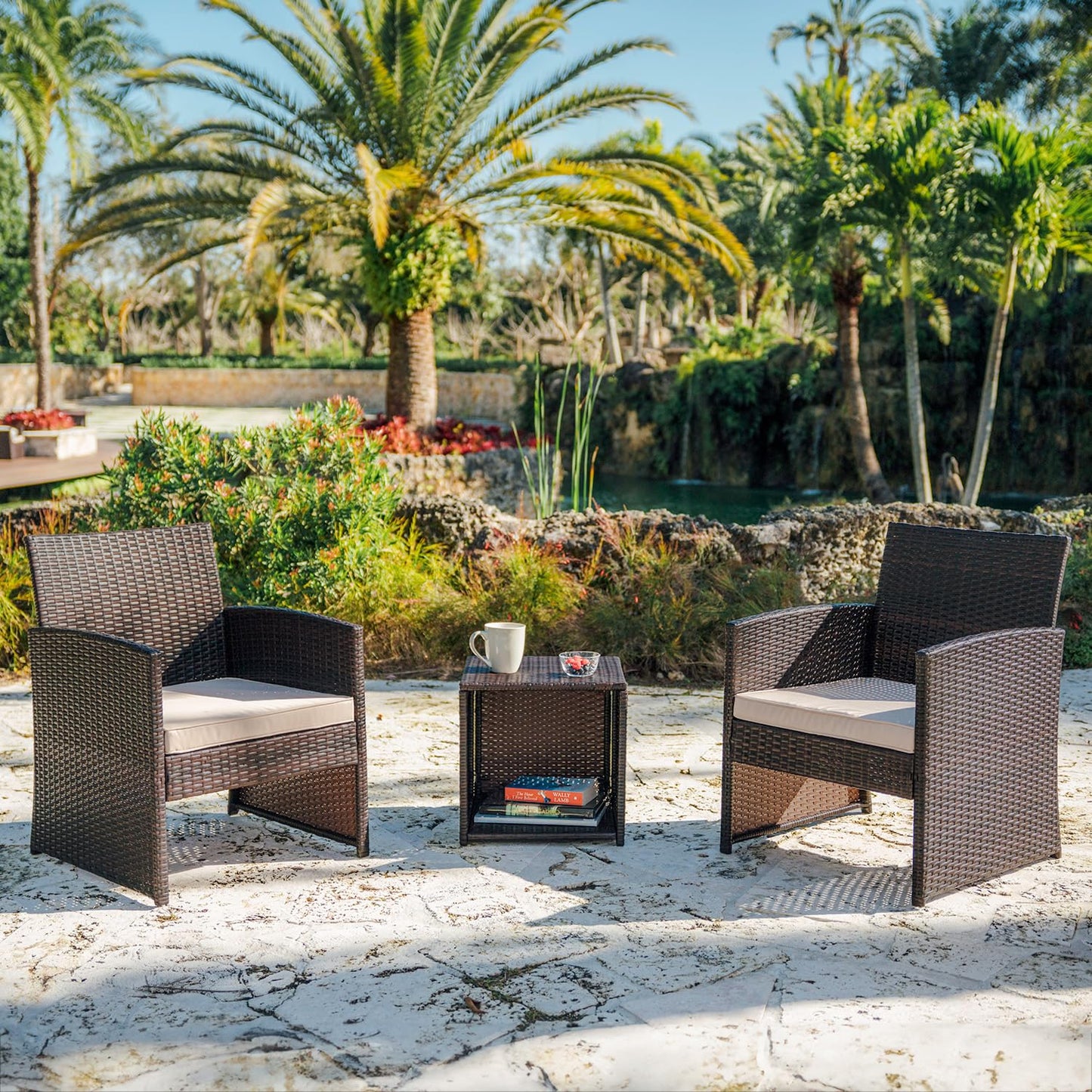 Nestl 3-Piece Outdoor Bistro Patio Furniture Set – Wicker Table & 2 Chairs, Brown/Beige