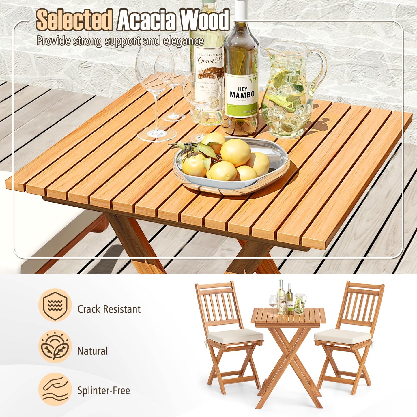 3-Piece Outdoor Folding Bistro Set with Cushioned Chairs – Off White