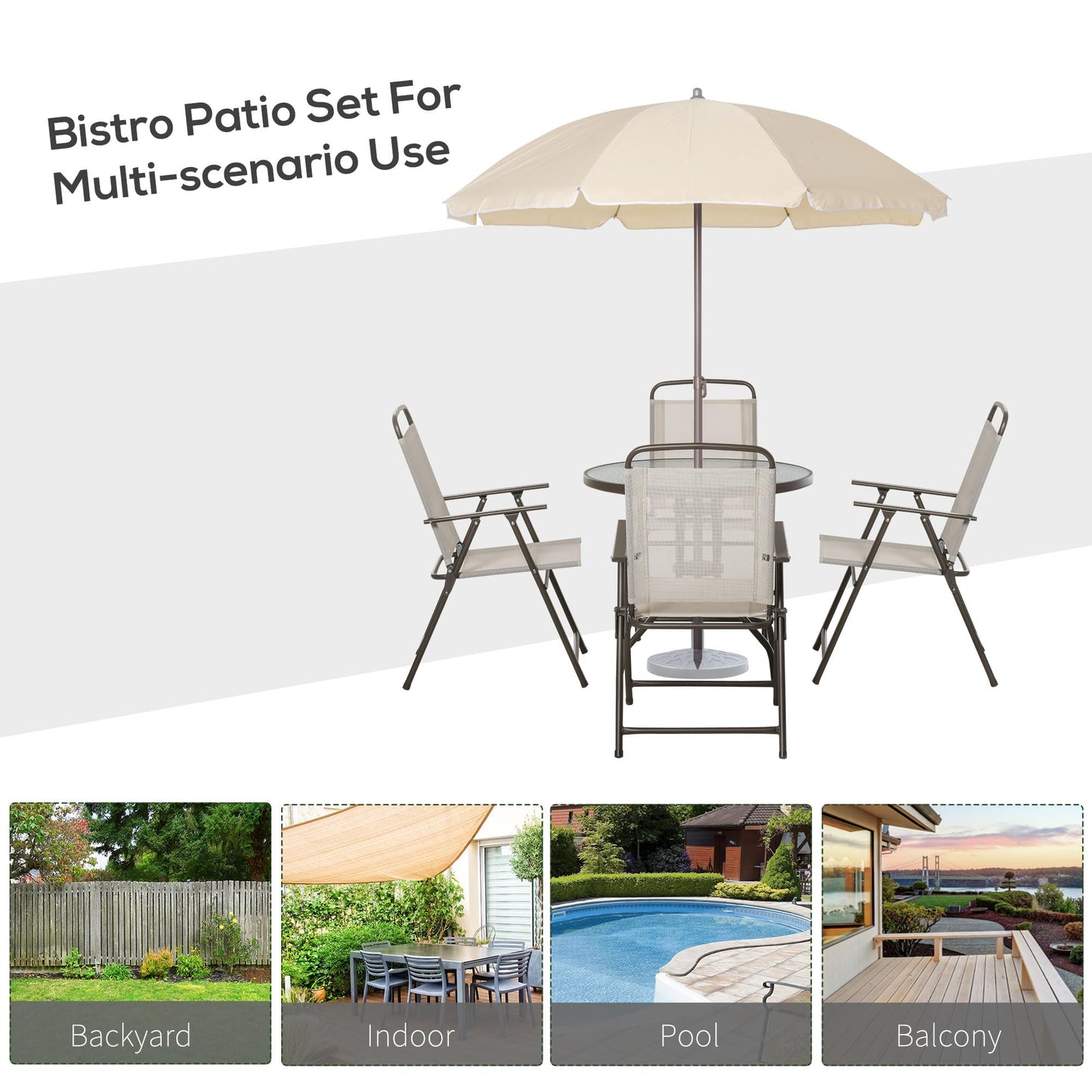 Outsunny 6-Piece Outdoor Dining Set with Umbrella & Glass Table – Beige