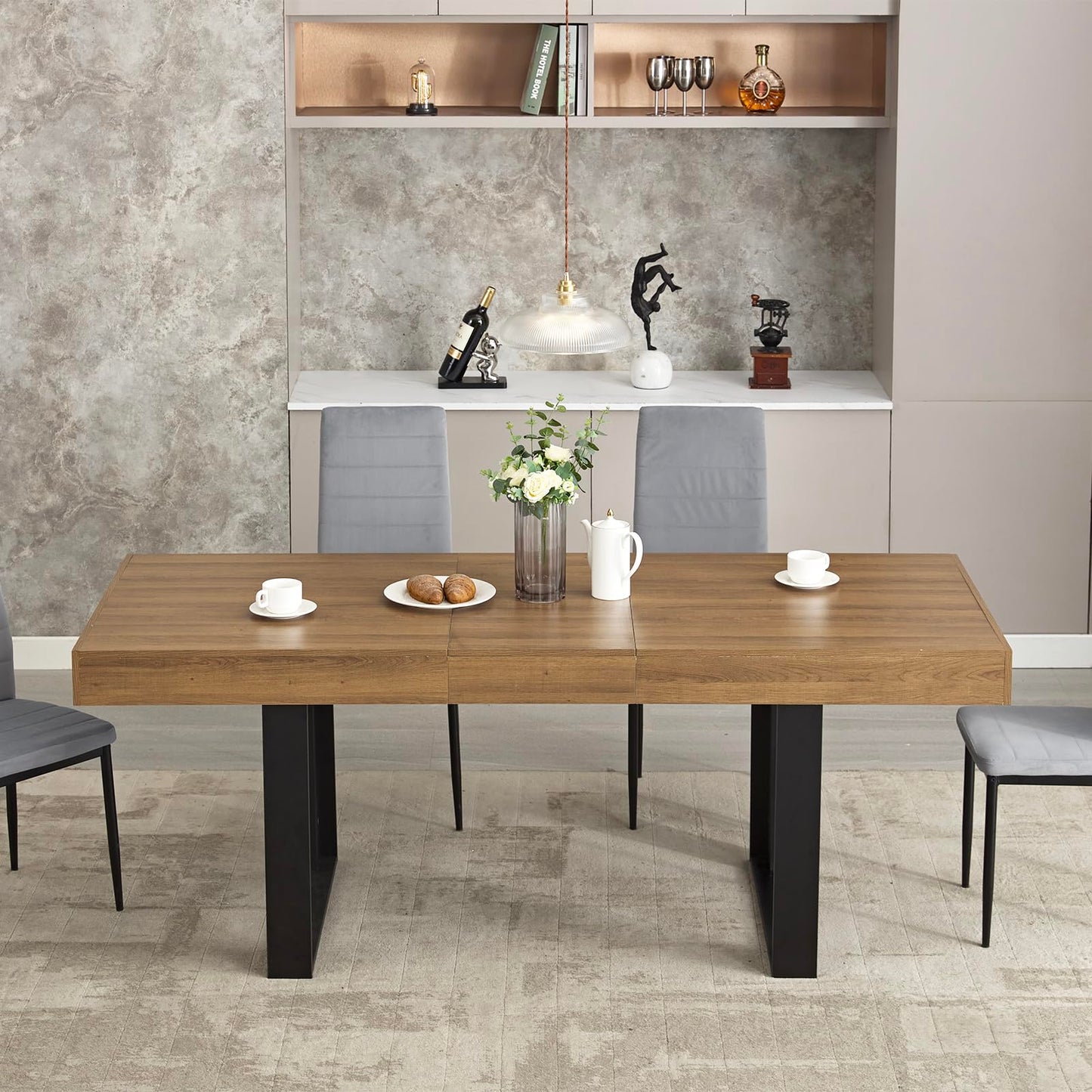 STHOUYN 63”-79” Extendable Dining Table – Modern Farmhouse Wooden Table for 6-10, Walnut Brown