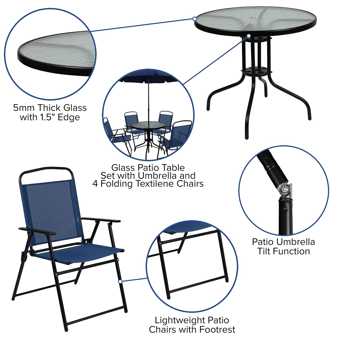 Navy 6-Piece Patio Dining Set with Glass Table & Chairs