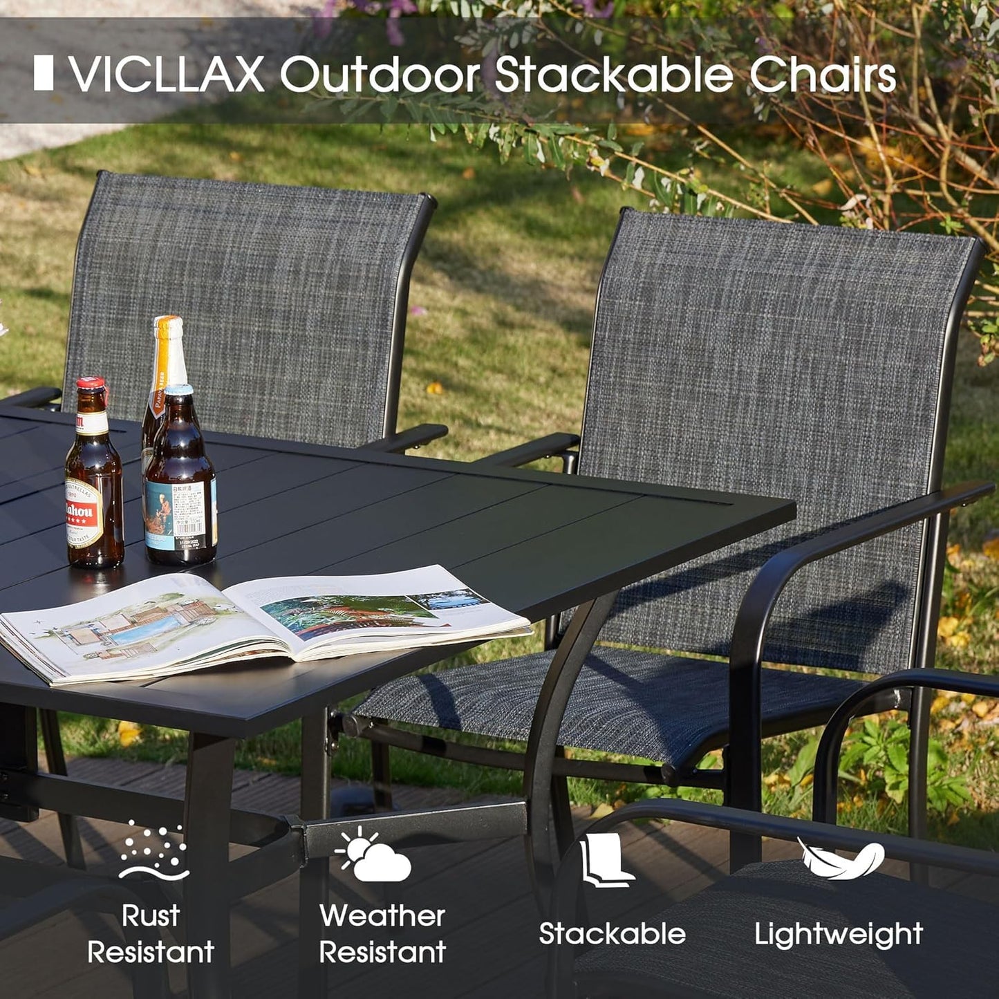 5-Piece Outdoor Dining Set with Square Table & Stackable Sling Chairs – Black/Grey