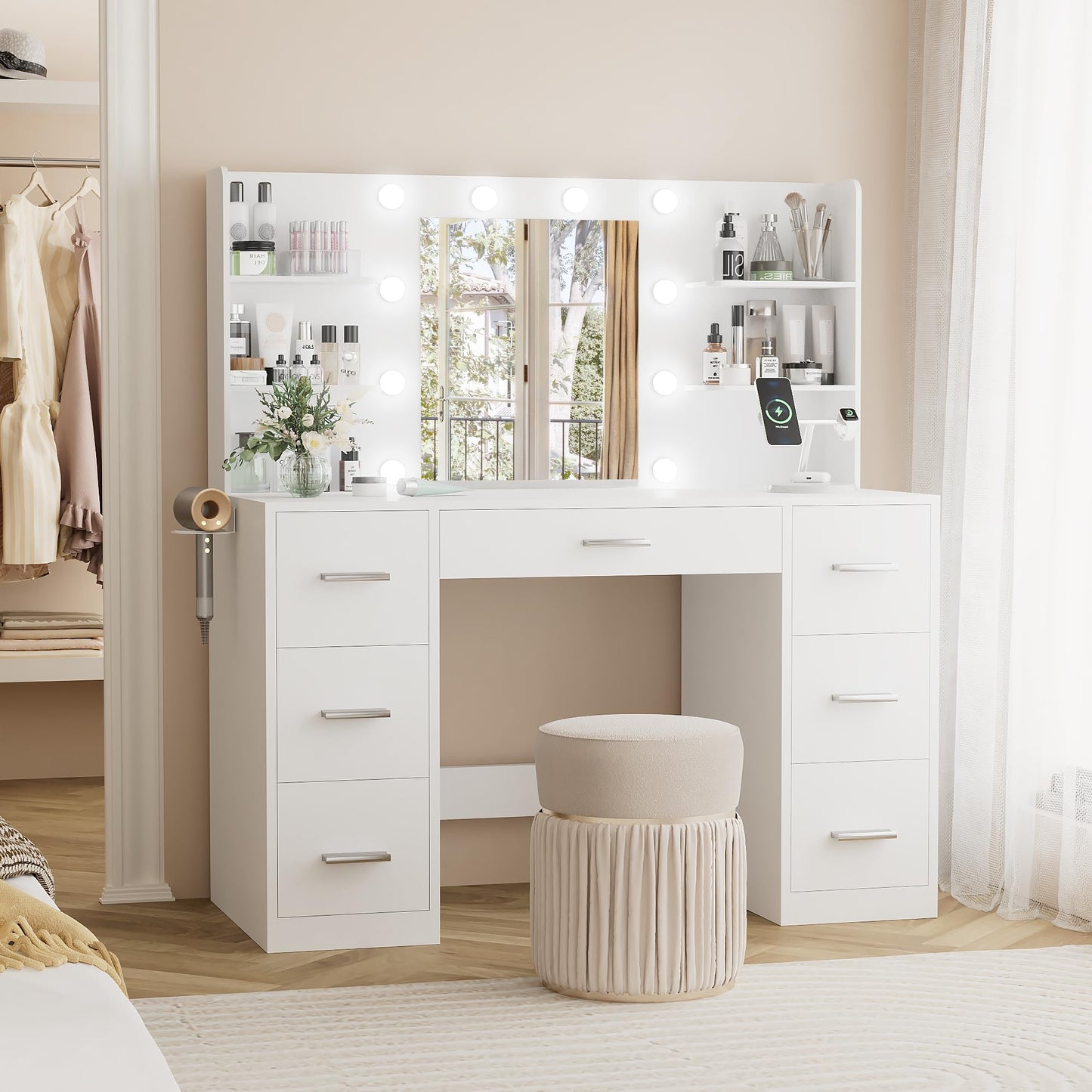 YESHOMY Vanity Desk with Mirror, LED Lights & Power Outlet – 7 Drawers, White