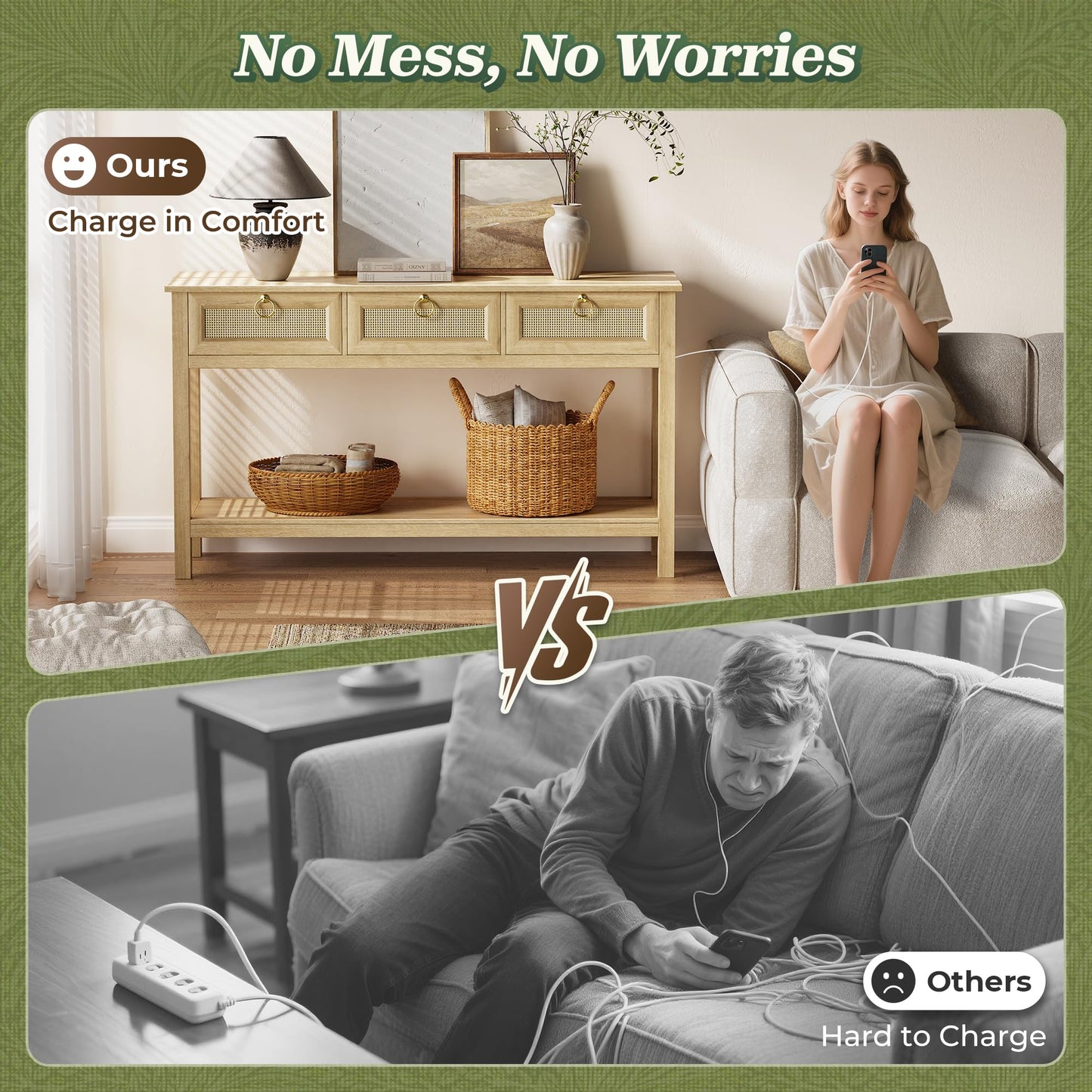 SUPERJARE Rattan Console Table with USB-C & Outlets – 3 Drawers, Natural
