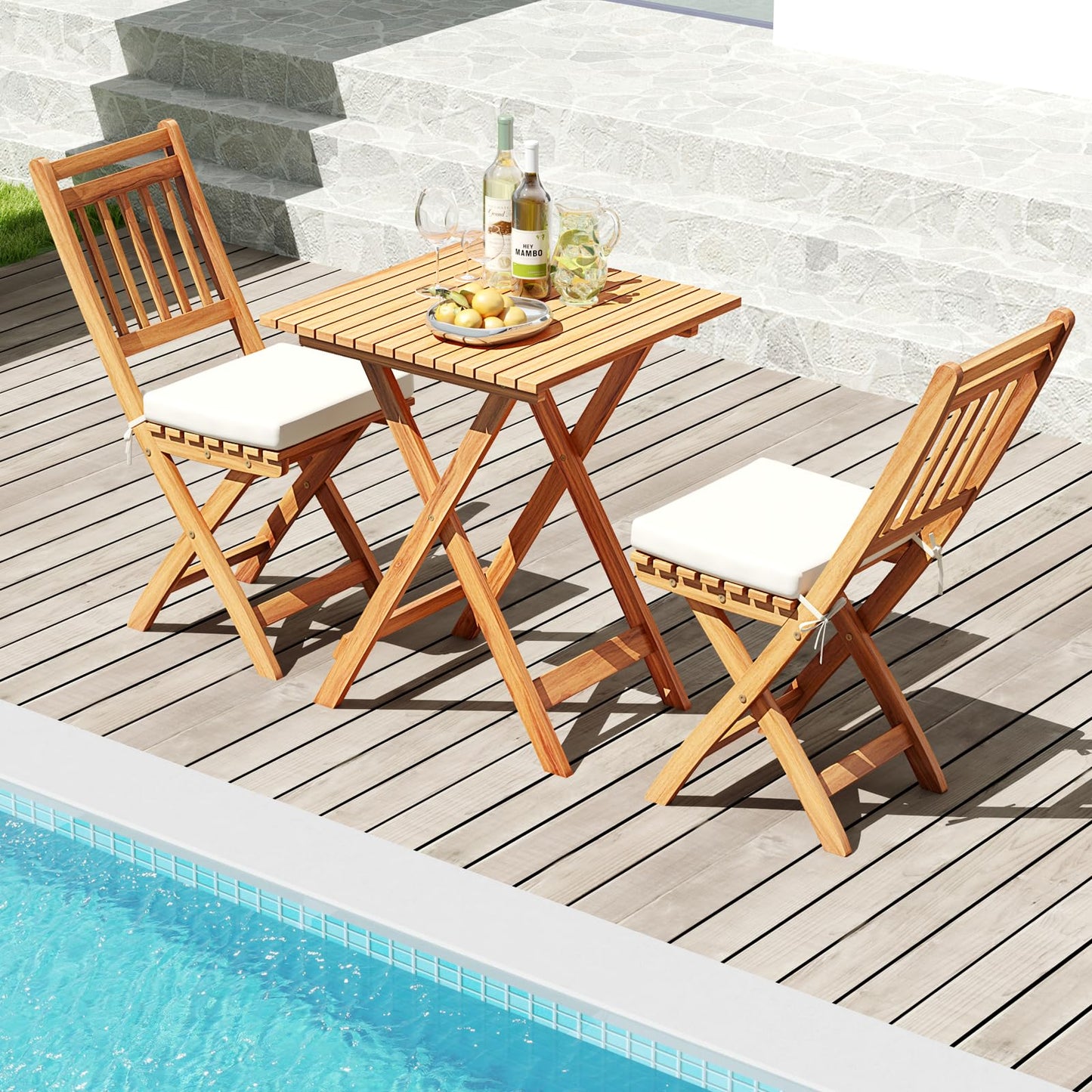 3-Piece Outdoor Folding Bistro Set with Cushioned Chairs – Off White