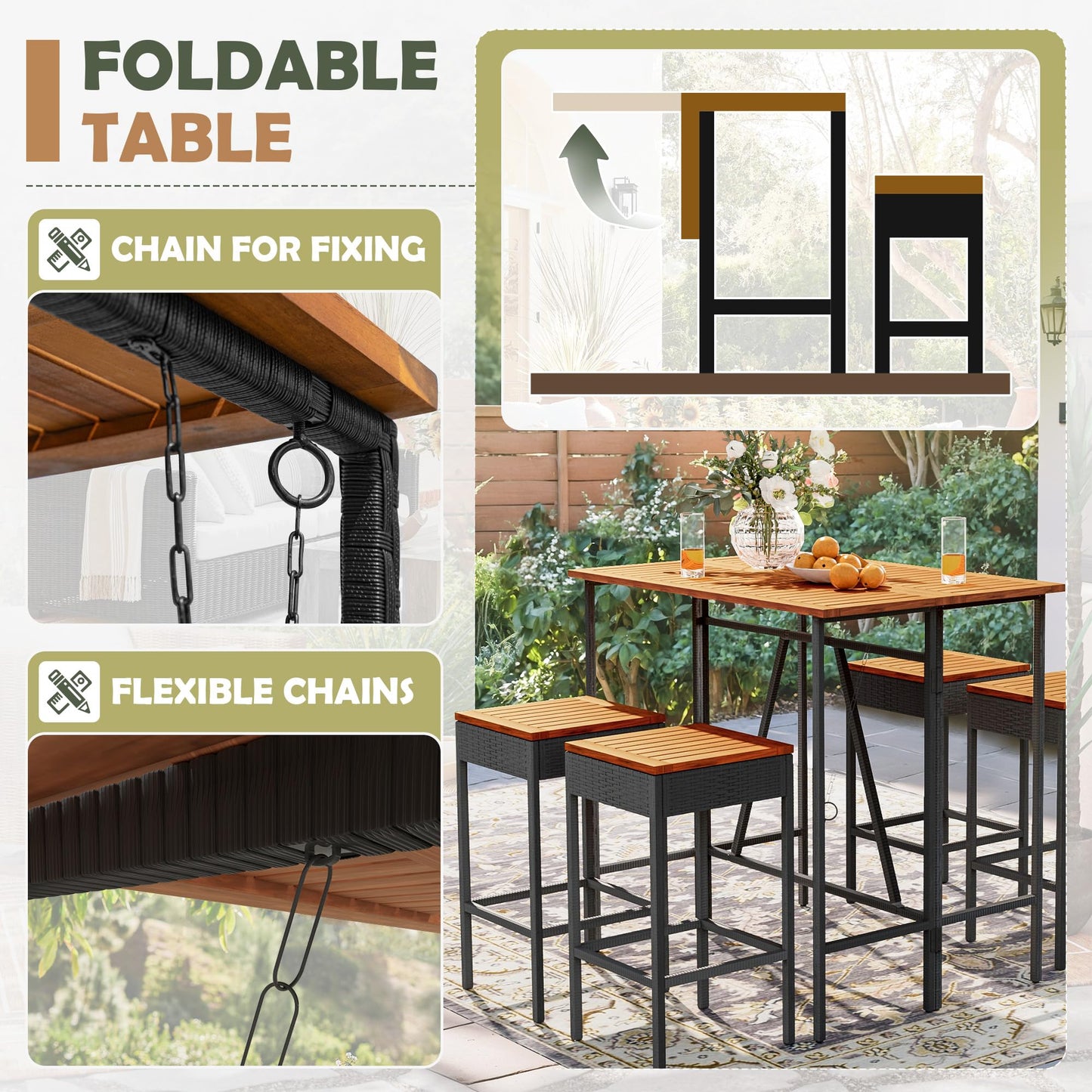 5-Piece Outdoor Bar Set with High Top Table & Foldable Stools – Acacia Wood