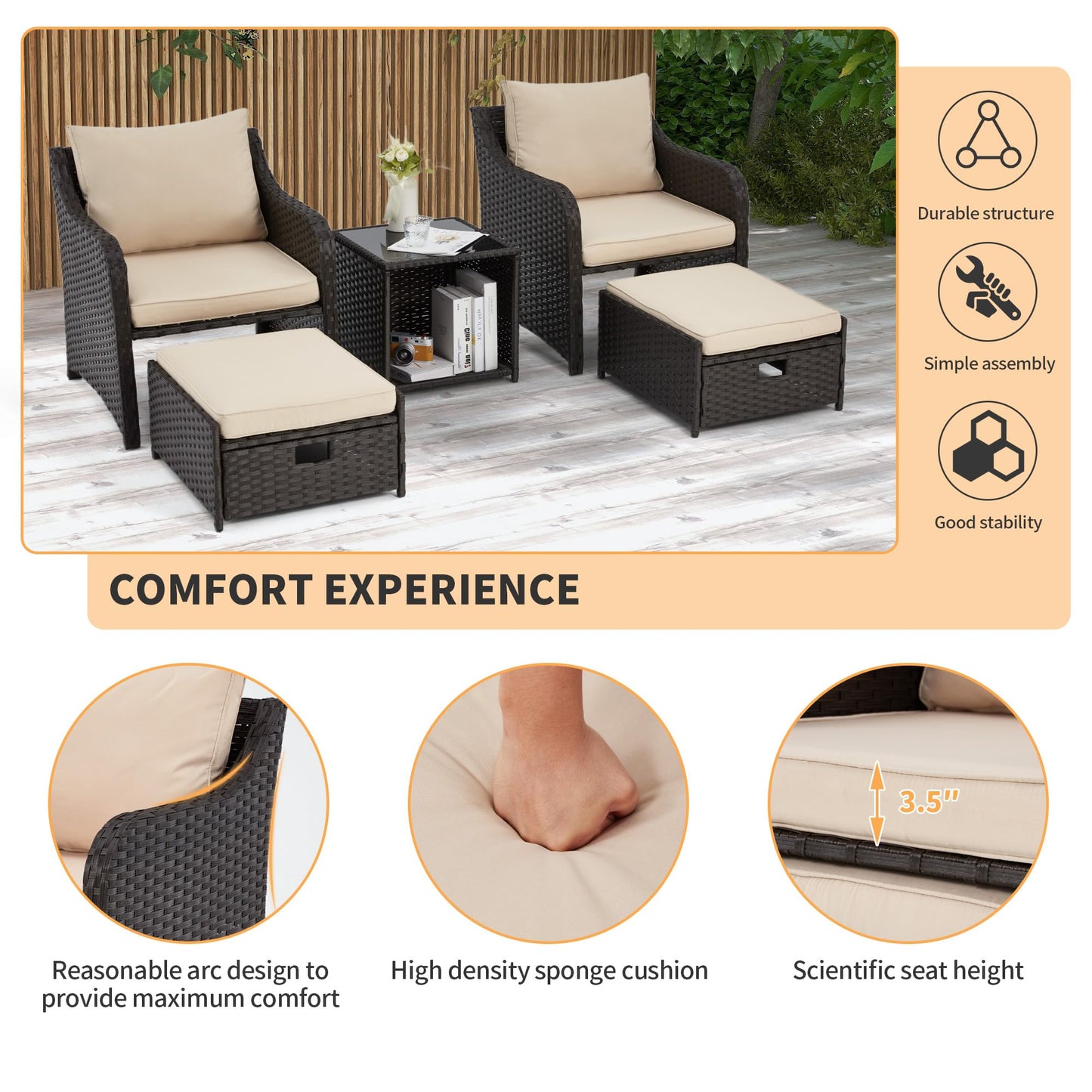 5-Piece Balcony Lounge Set with Cushions, Ottoman & Table – Khaki