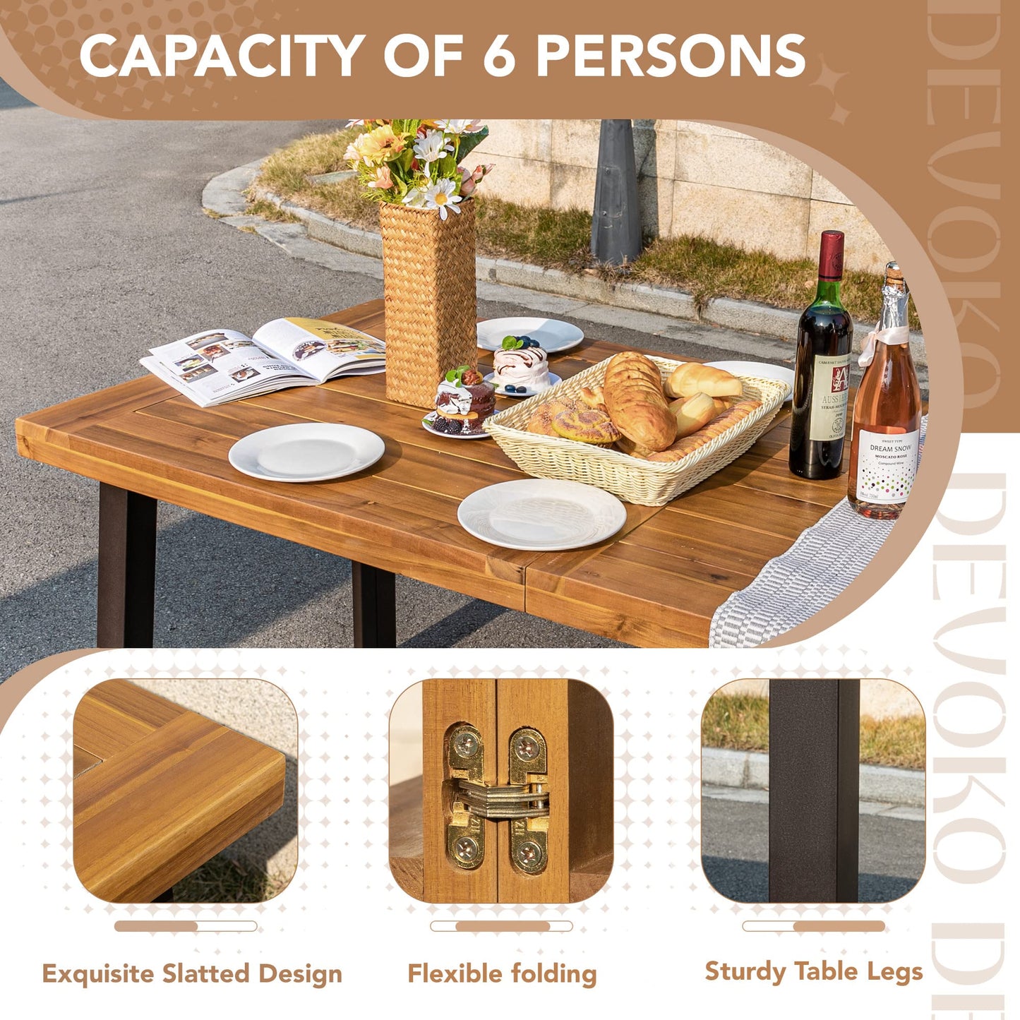 Devoko 6-Person Acacia Wood Dining Table – Rustic Indoor/Outdoor Table with Iron Legs, Natural Finish
