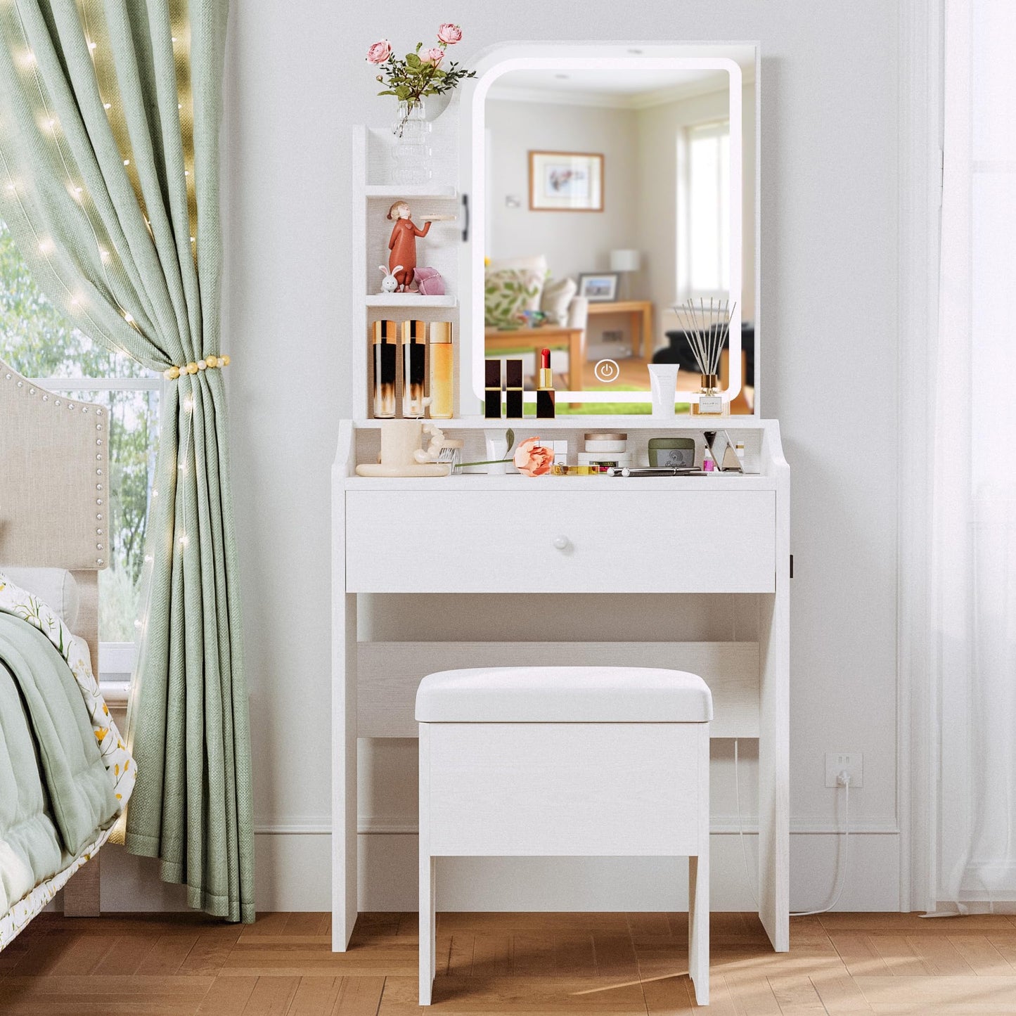 LIKIMIO Small Makeup Vanity Desk with Mirror & Lights – Storage Drawer, Chair & Shelves, White