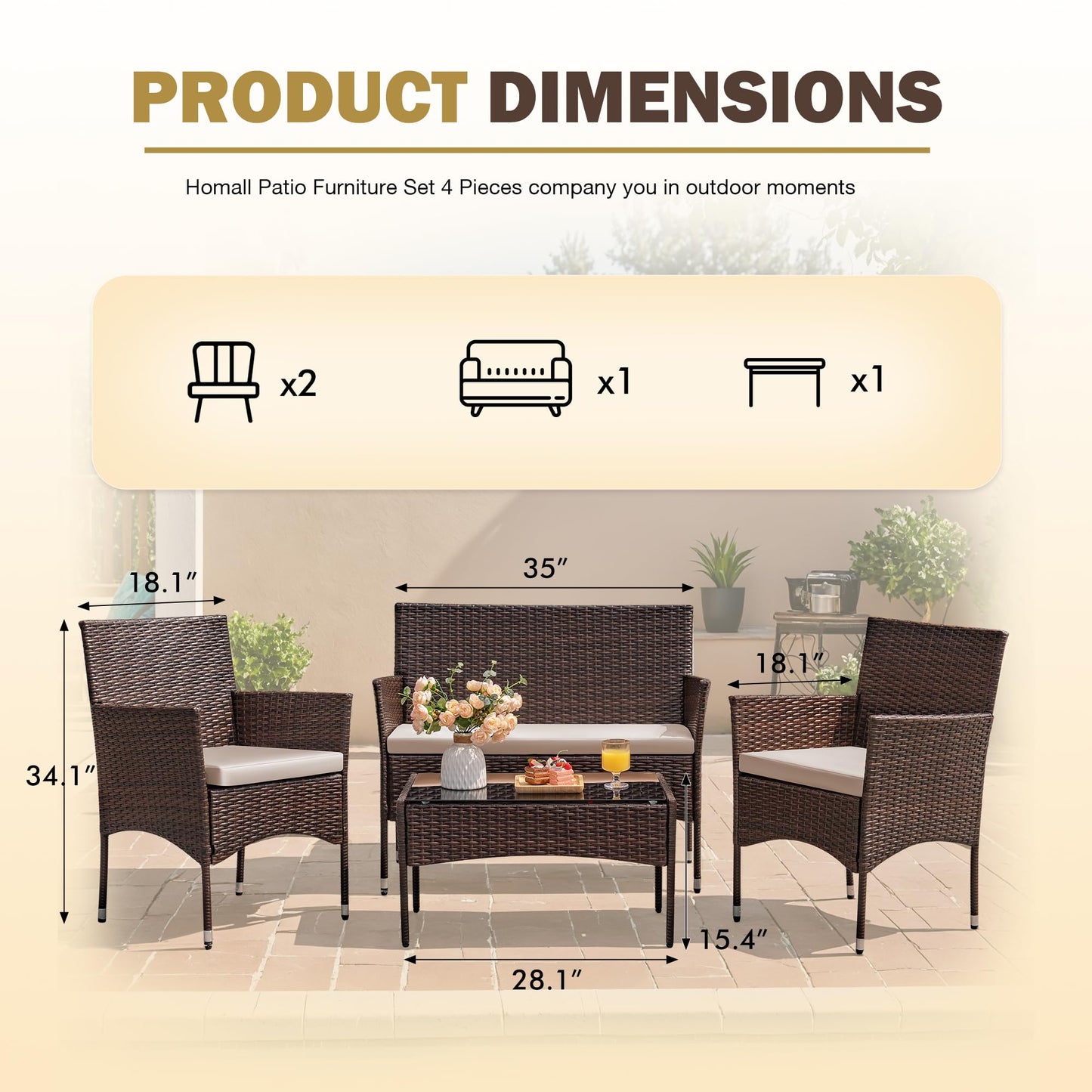 Homall 4-Piece Outdoor Patio Furniture Set – Rattan Chairs with Coffee Table, Brown/Beige