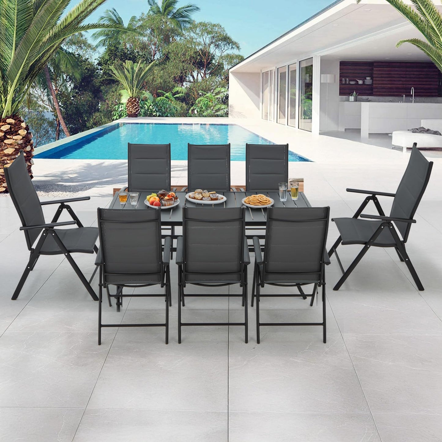 BUPPLEE 9-Piece Outdoor Dining Set with Folding Chairs & Adjustable Table – Black