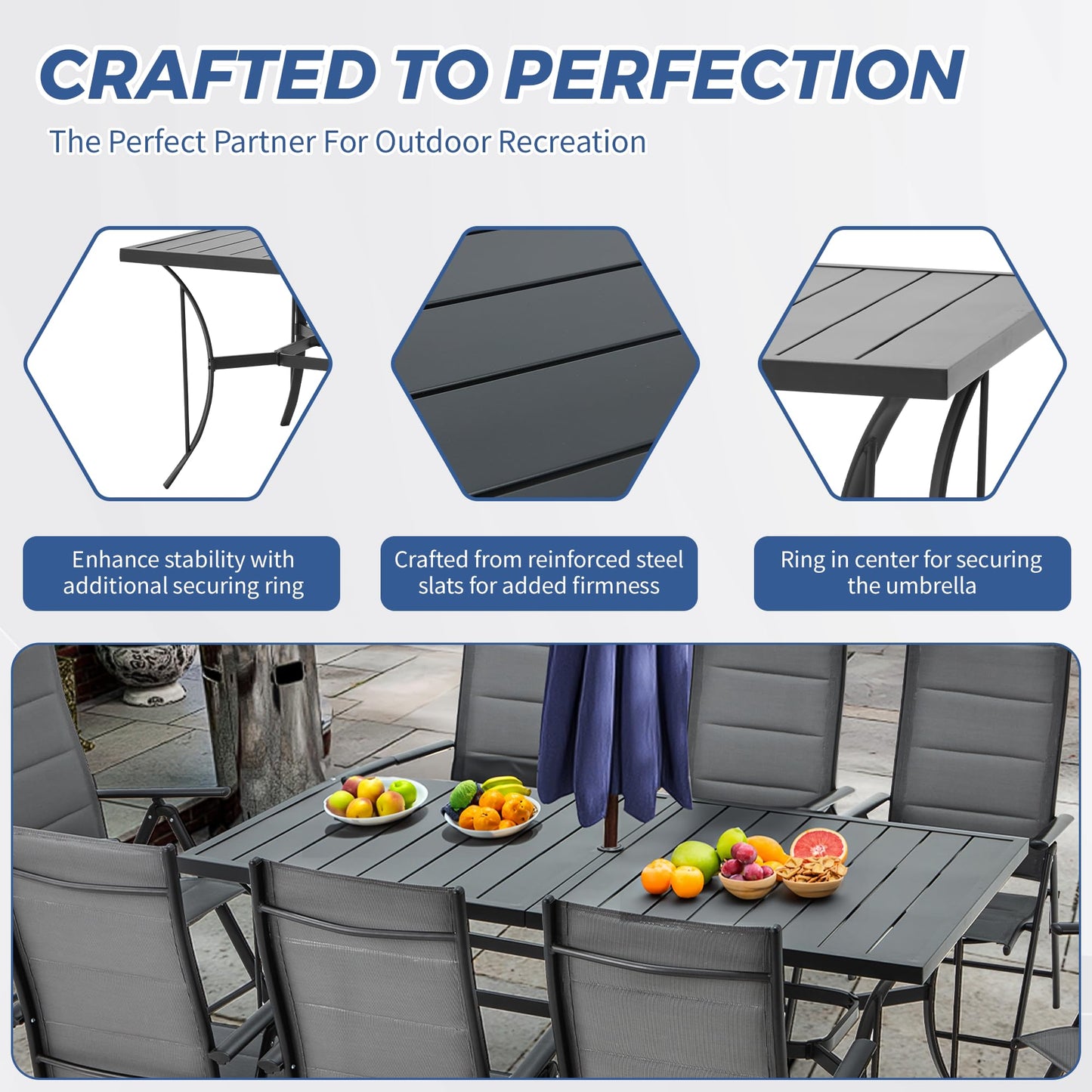 BUPPLEE 9-Piece Outdoor Dining Set with Folding Chairs & Adjustable Table – Black