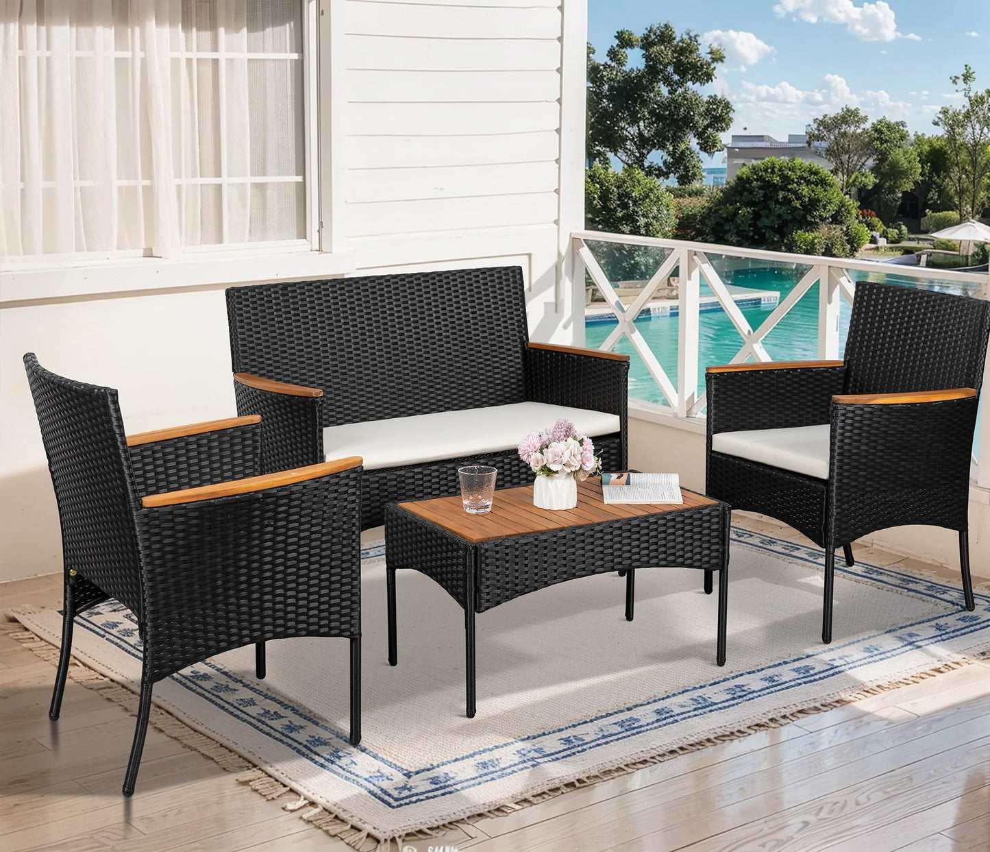 Shintenchi 4-Piece Outdoor Patio Furniture Set – Wicker Chairs with Cushions & Wooden Table, White