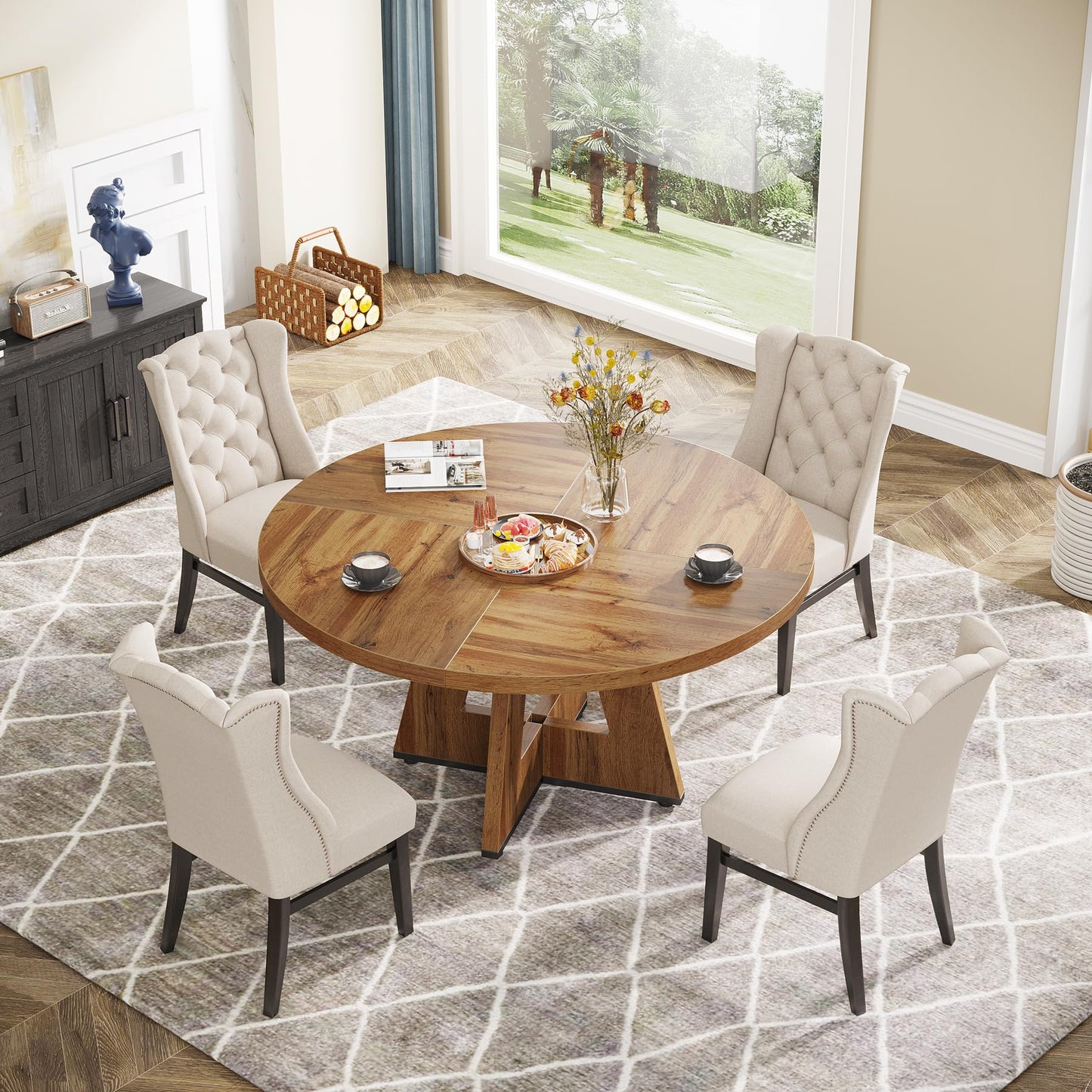 Tribesigns 47" Round Farmhouse Dining Table for 4 – Rustic Wood Dining Table