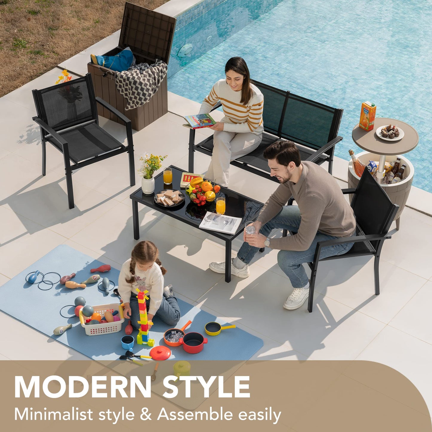 Devoko 4-Piece Outdoor Patio Furniture Set – Wicker Chairs & Glass Coffee Table, Black