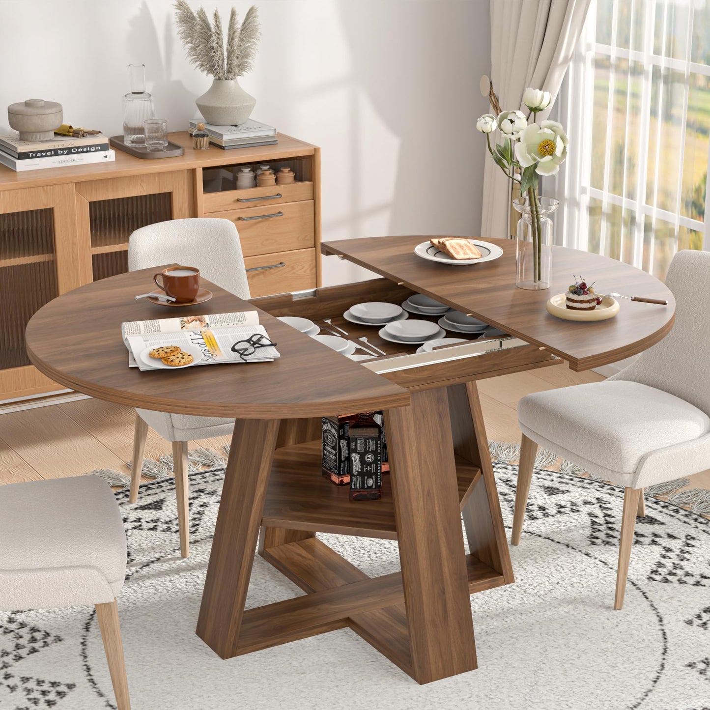 Extendable Round Dining Table 43–59" for 4–8, Walnut with Storage Shelf