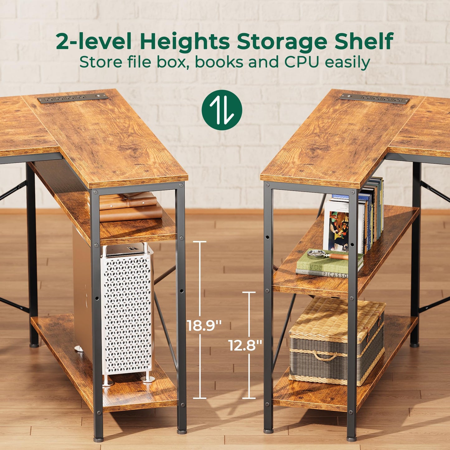 Huuger L-Shaped Office Desk with Power Outlets, Drawers & Shelves – 47” Rustic Brown
