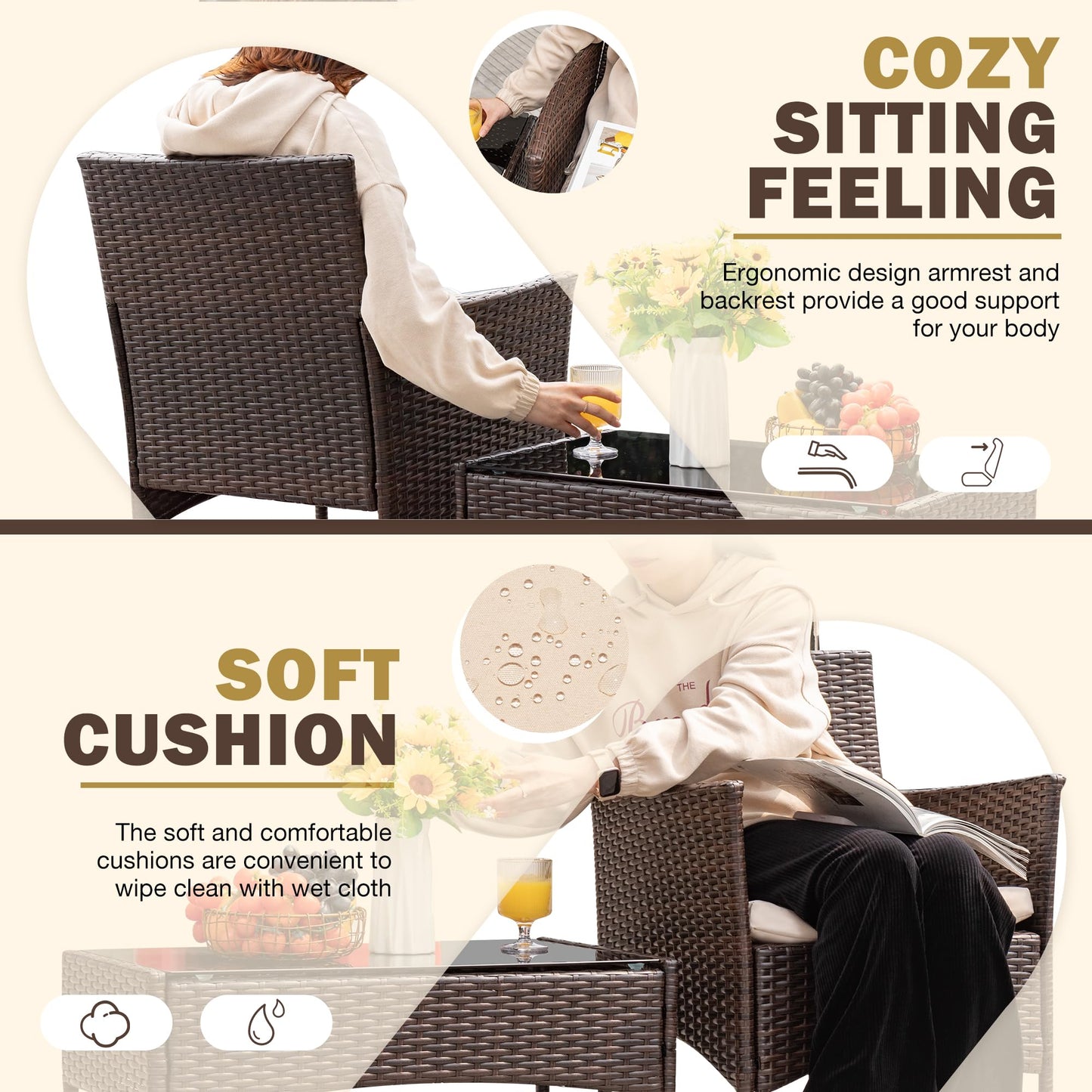 Homall 4-Piece Outdoor Patio Furniture Set – Rattan Chairs with Coffee Table, Brown/Beige