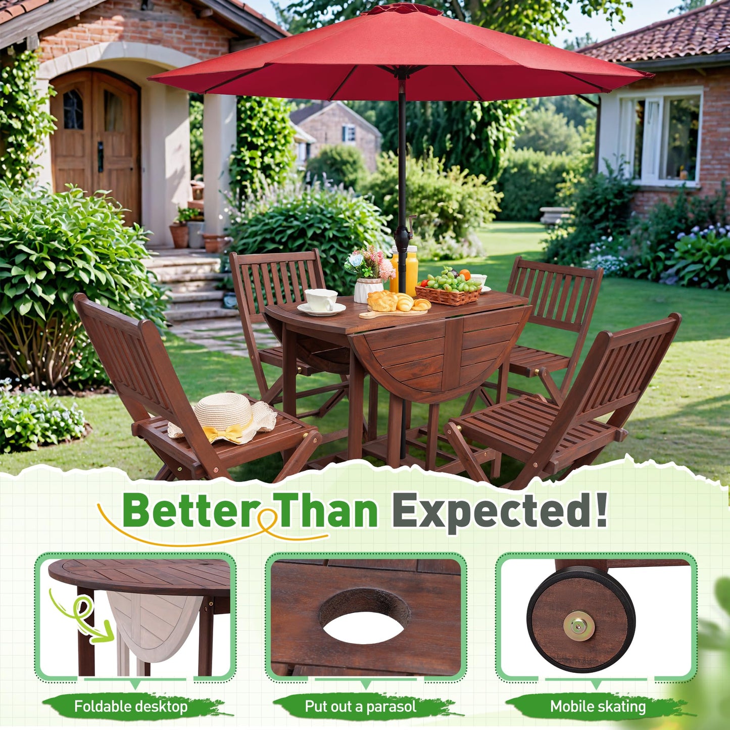 5-Piece Patio Folding Set with Round Table & Chairs – Dark Brown