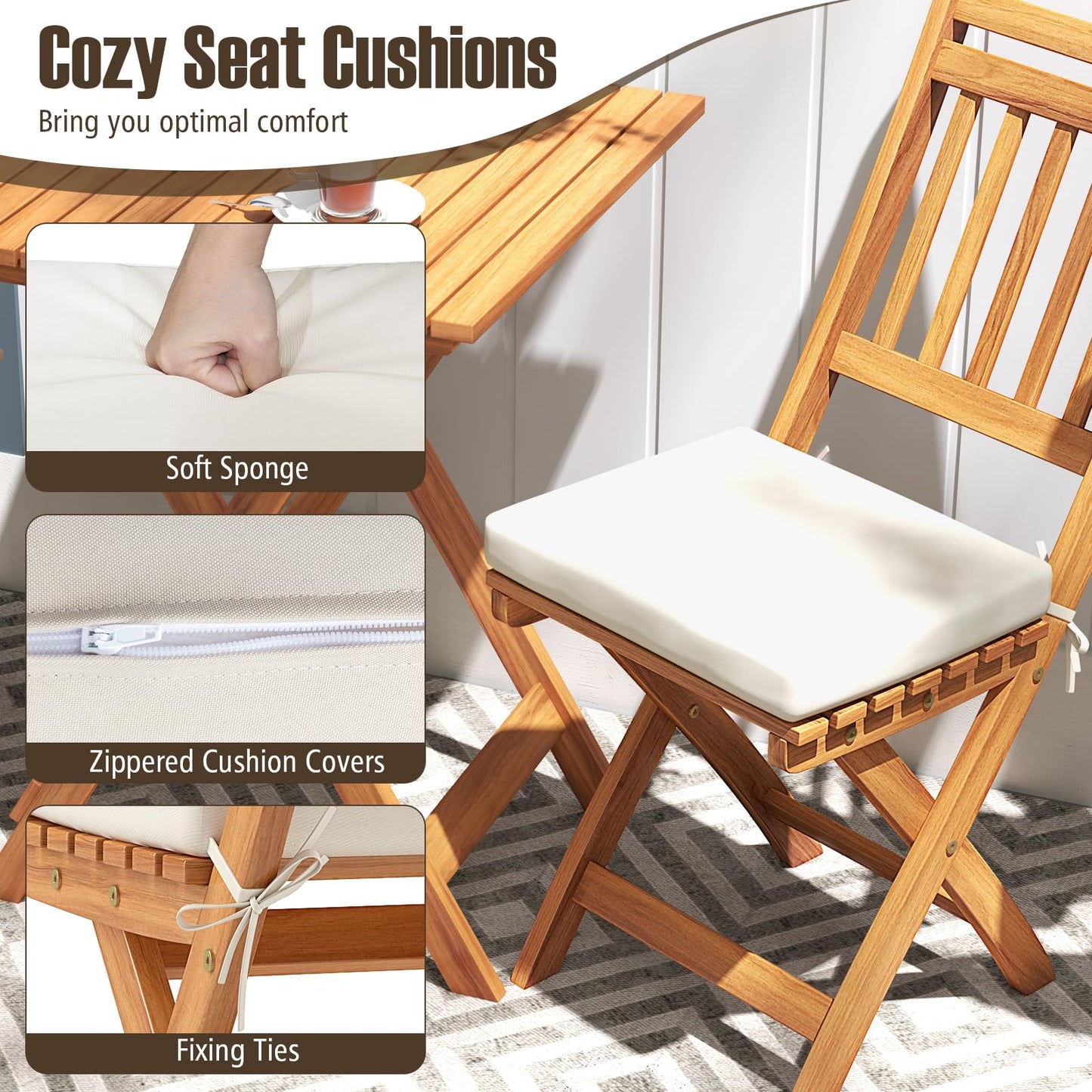 3-Piece Outdoor Folding Bistro Set with Cushioned Chairs – Off White
