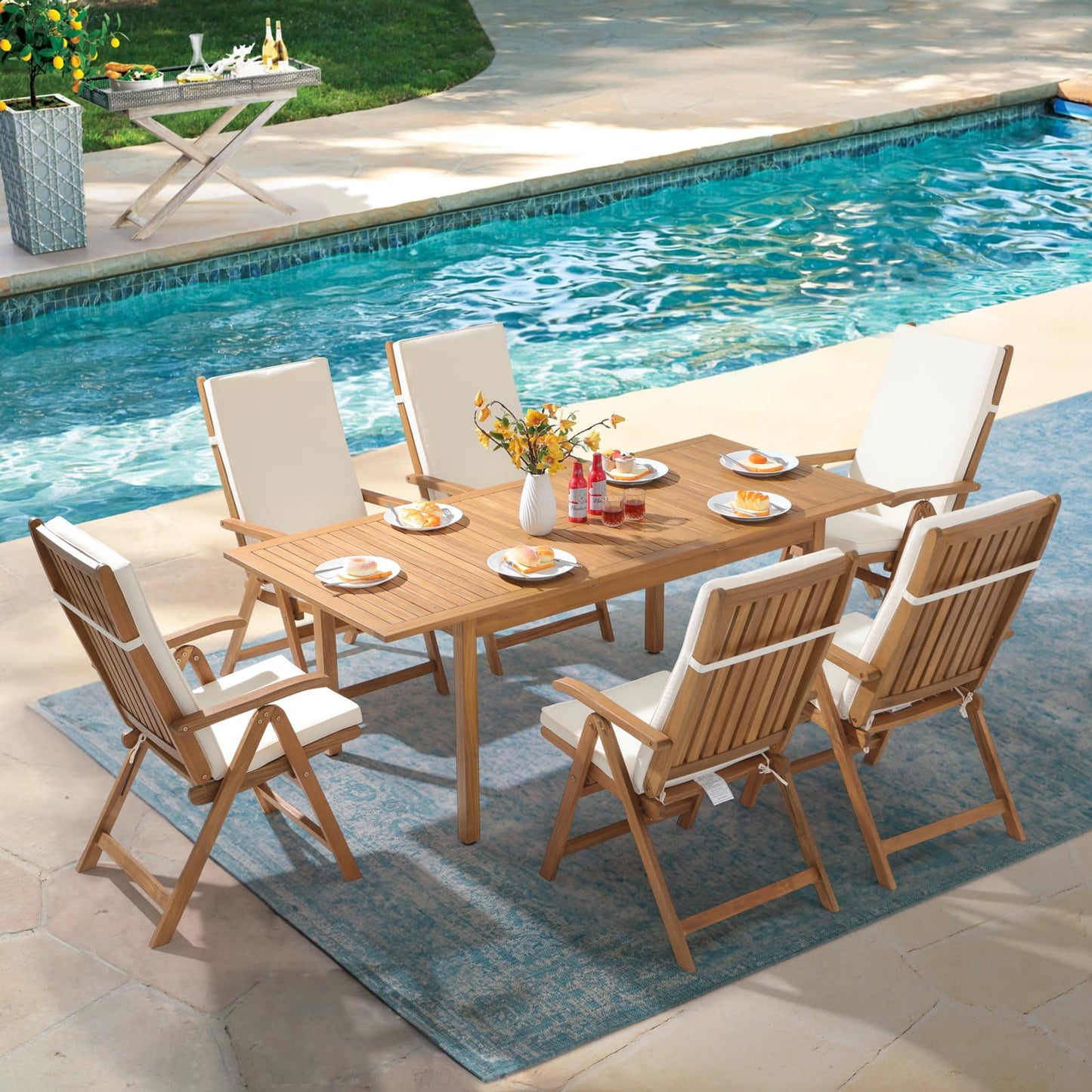 7-Piece Patio Dining Set with Extendable Table & Reclining Chairs – Beige